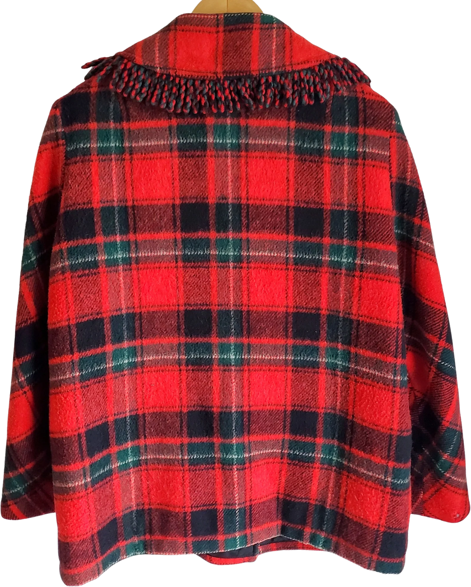 50s/60s Wool Red Plaid Coat With Fringe And Quilted Lining - Image 2