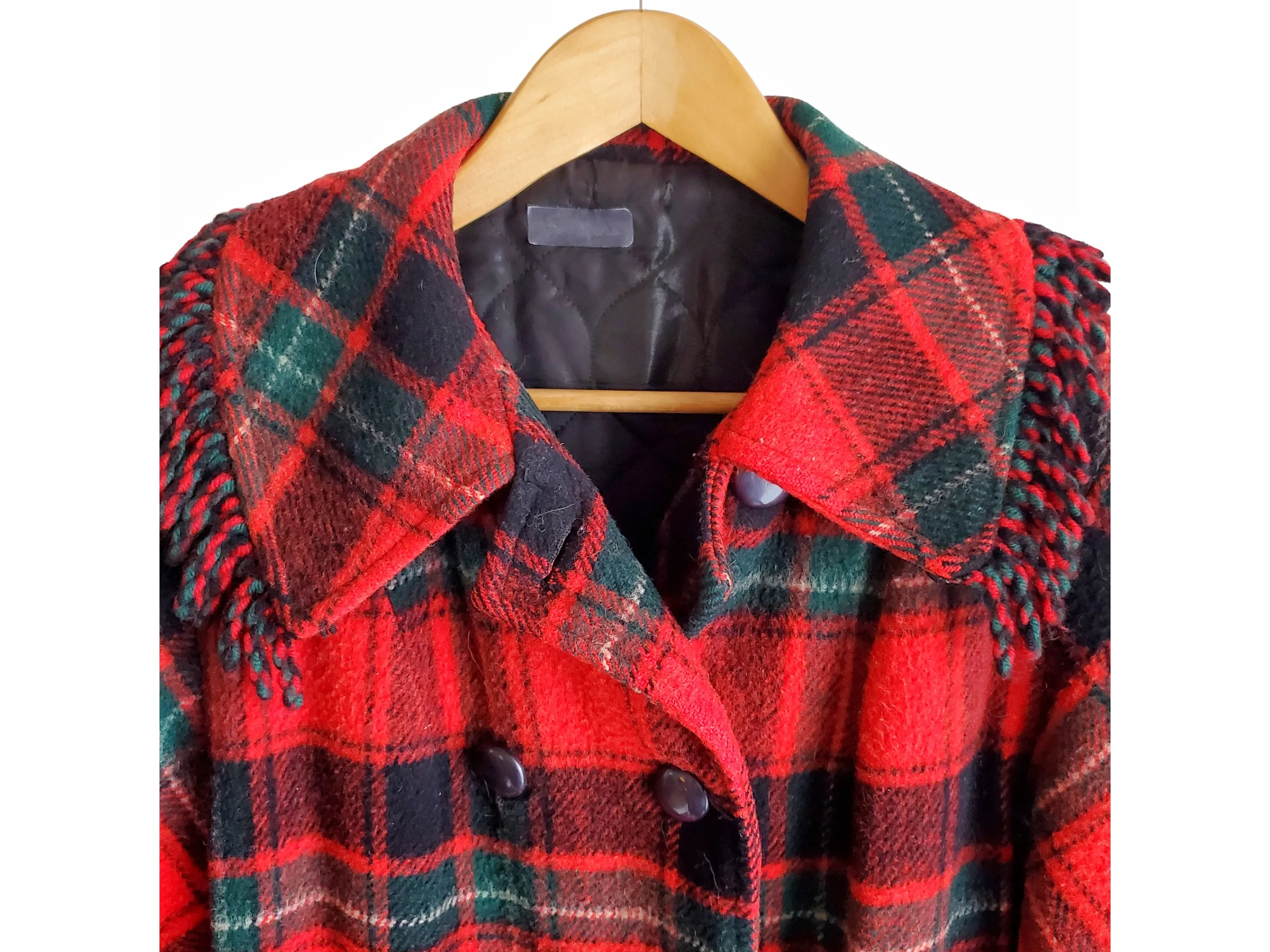 50s/60s Wool Red Plaid Coat With Fringe And Quilted Lining - Image 3