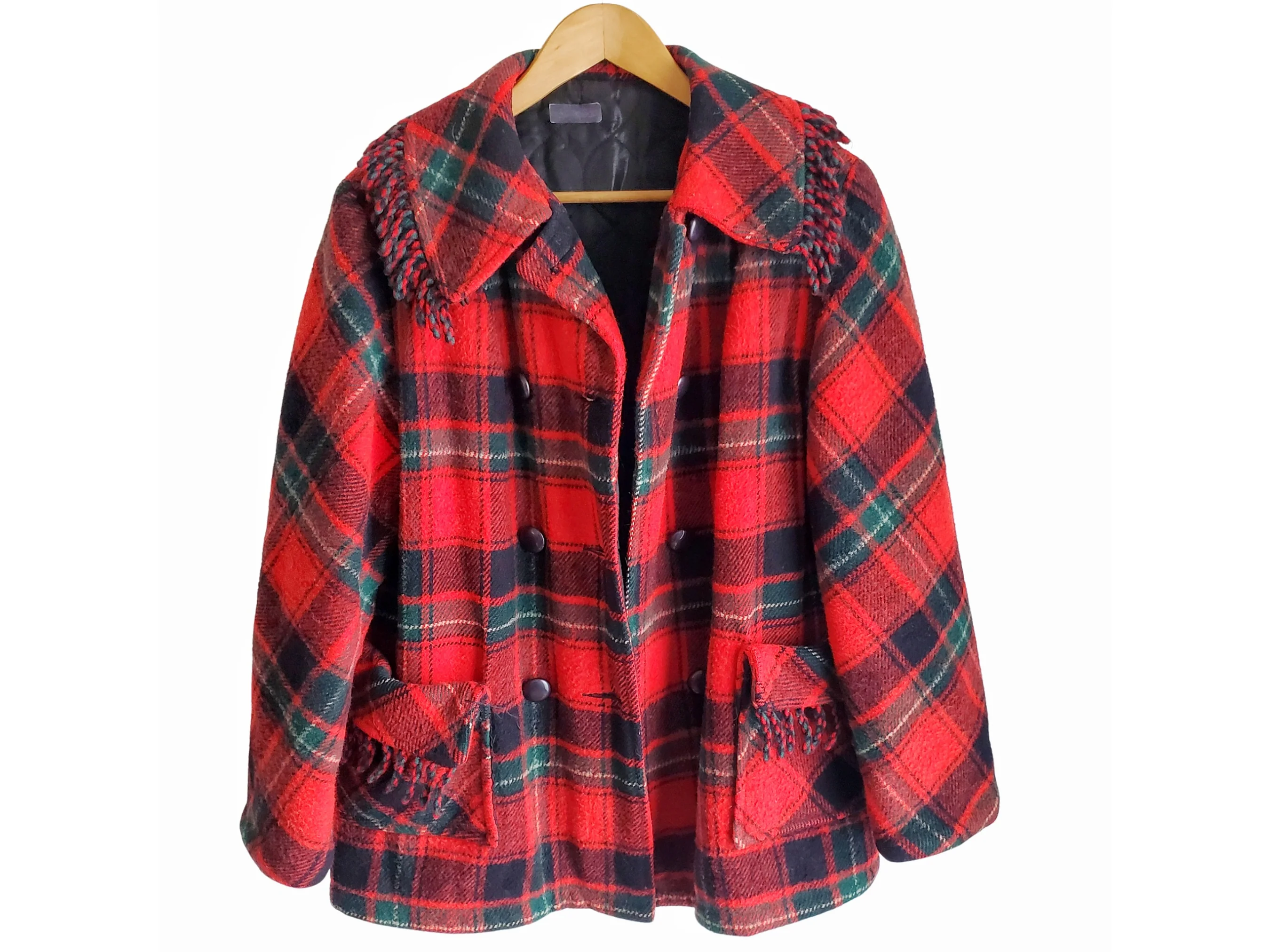 50s/60s Wool Red Plaid Coat With Fringe And Quilted Lining - Image 4