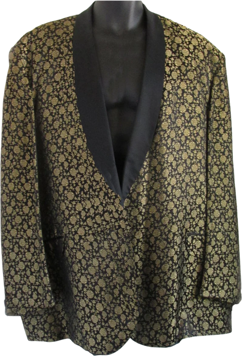 50s 60s Xlarge Black and Gold Rose Tuxedo Jacket Rockabilly Atomic Stage Red Carpet Wedding Prom
