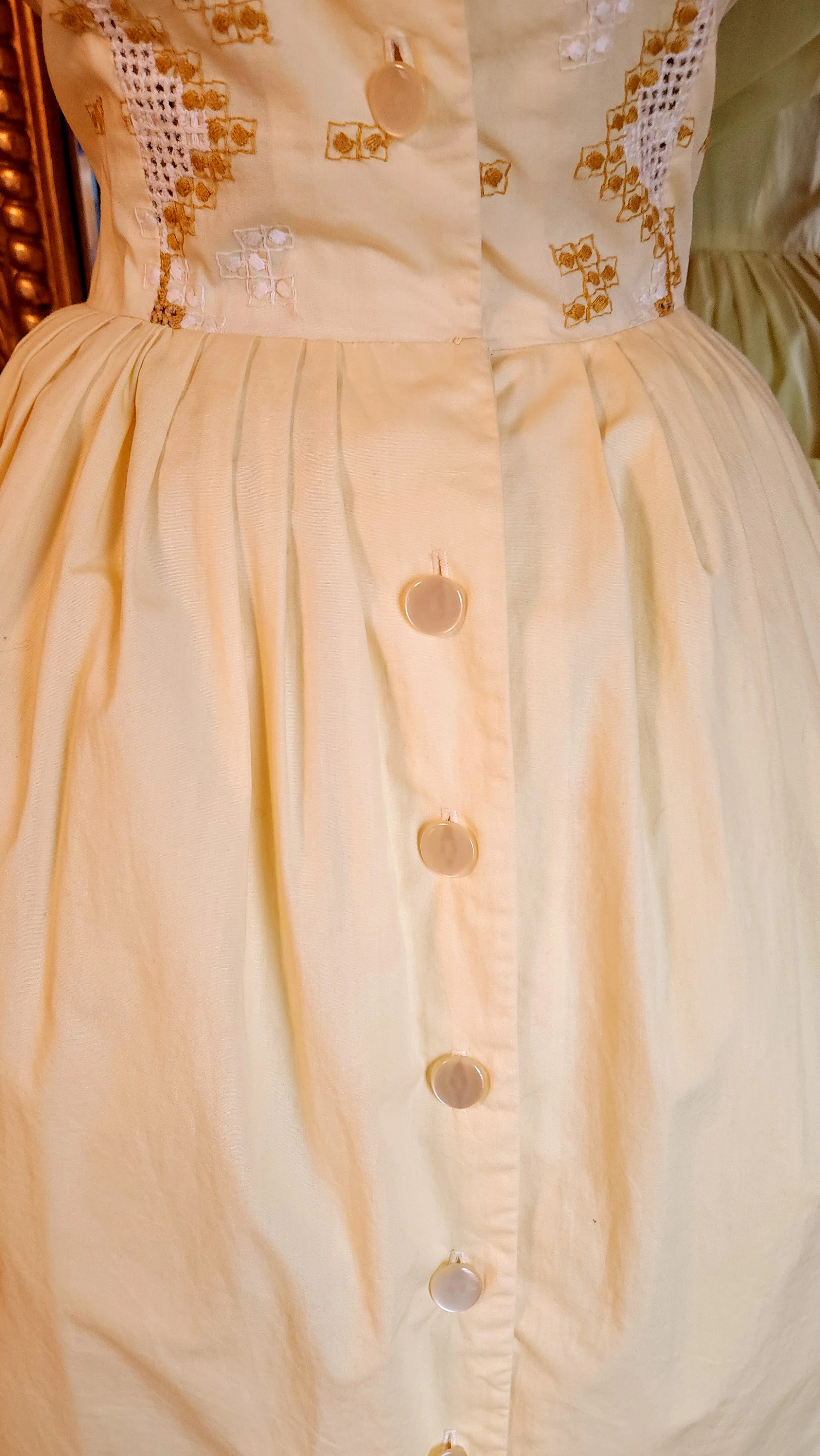 50s/60s Yellow Cotton Embroidered Shirtwaist Day Dress - Image 7
