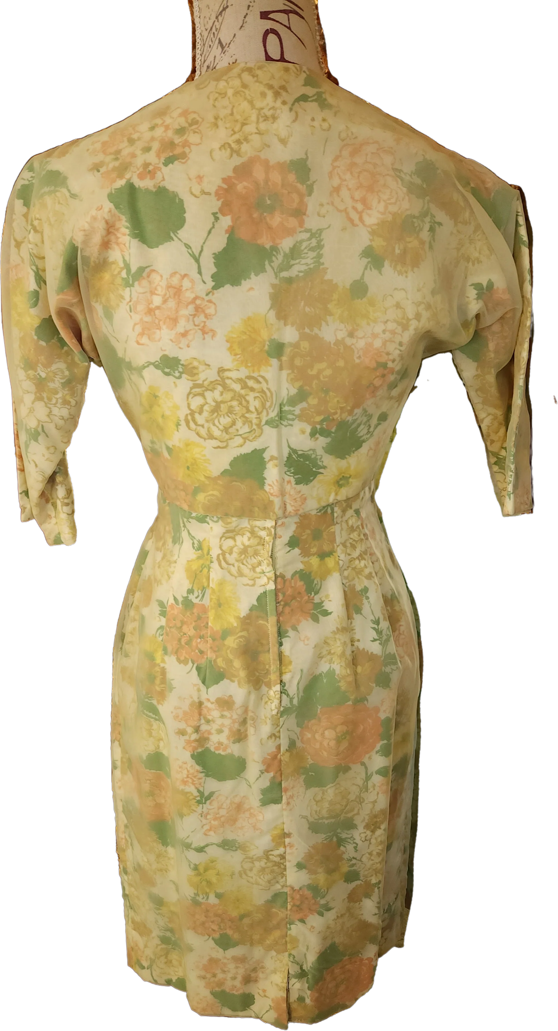 50s/60s Yellow Floral Chiffon Wiggle Dress And Jacket - Image 2