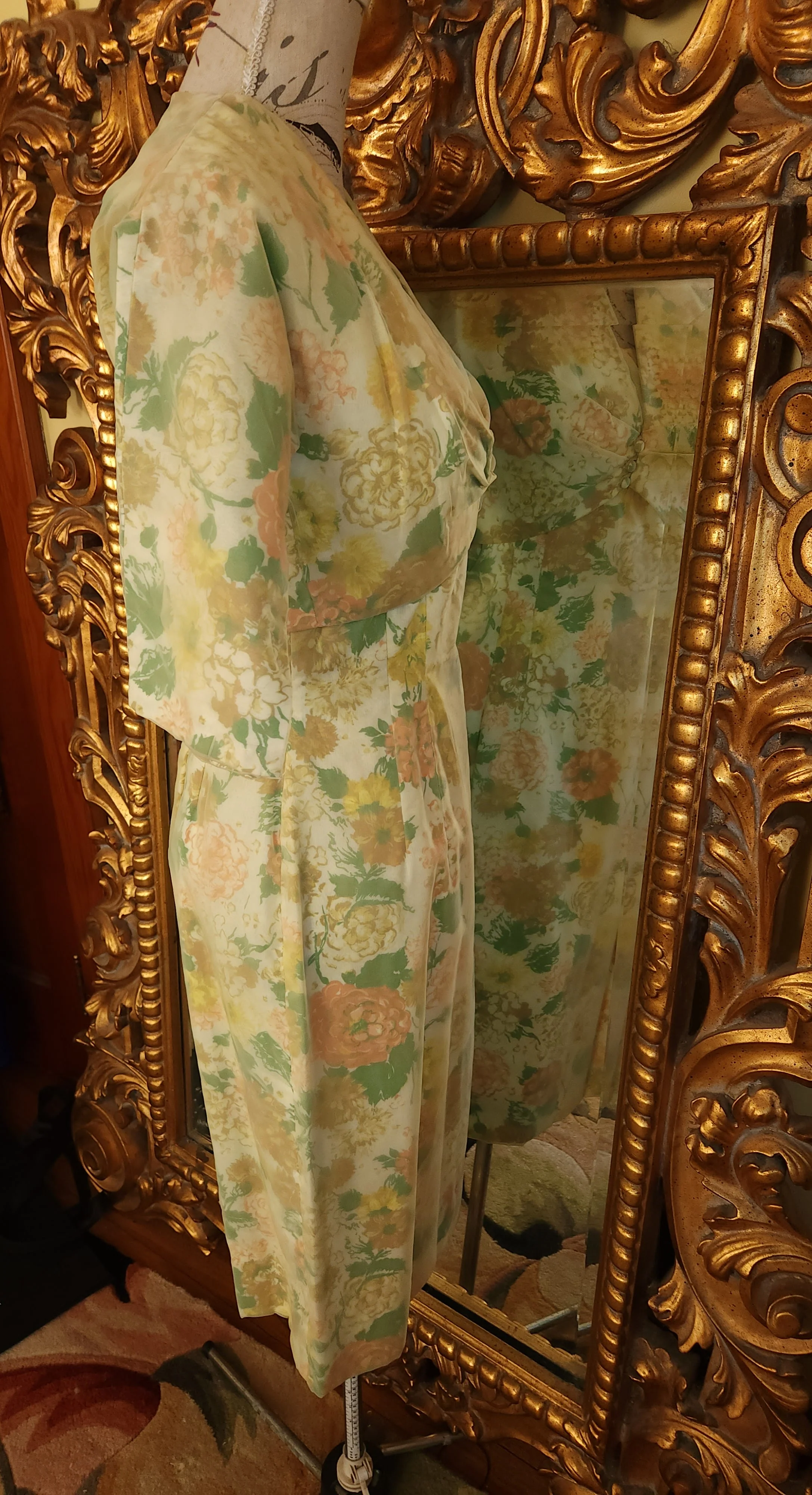 50s/60s Yellow Floral Chiffon Wiggle Dress And Jacket - Image 3