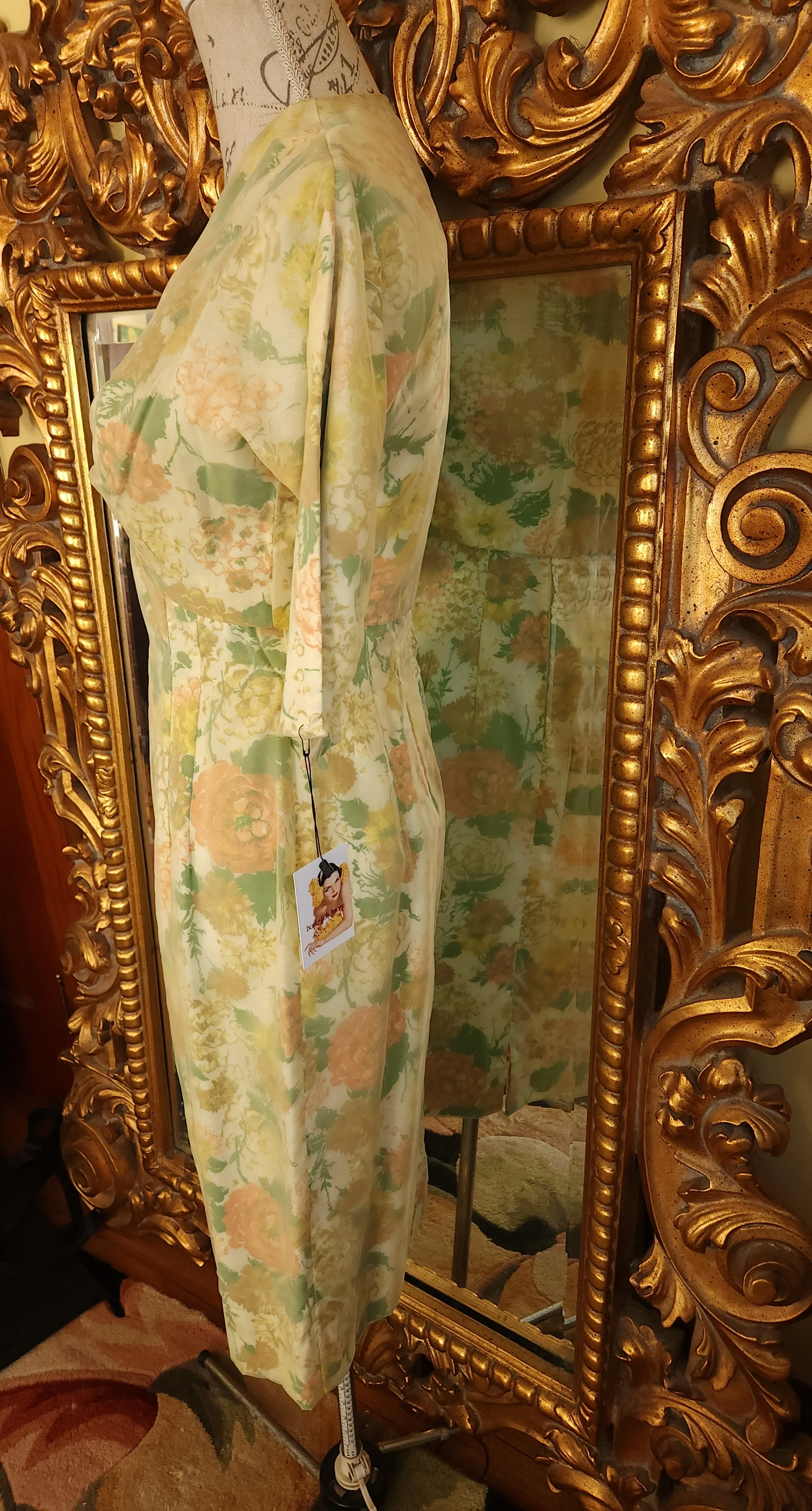 50s/60s Yellow Floral Chiffon Wiggle Dress And Jacket - Image 4