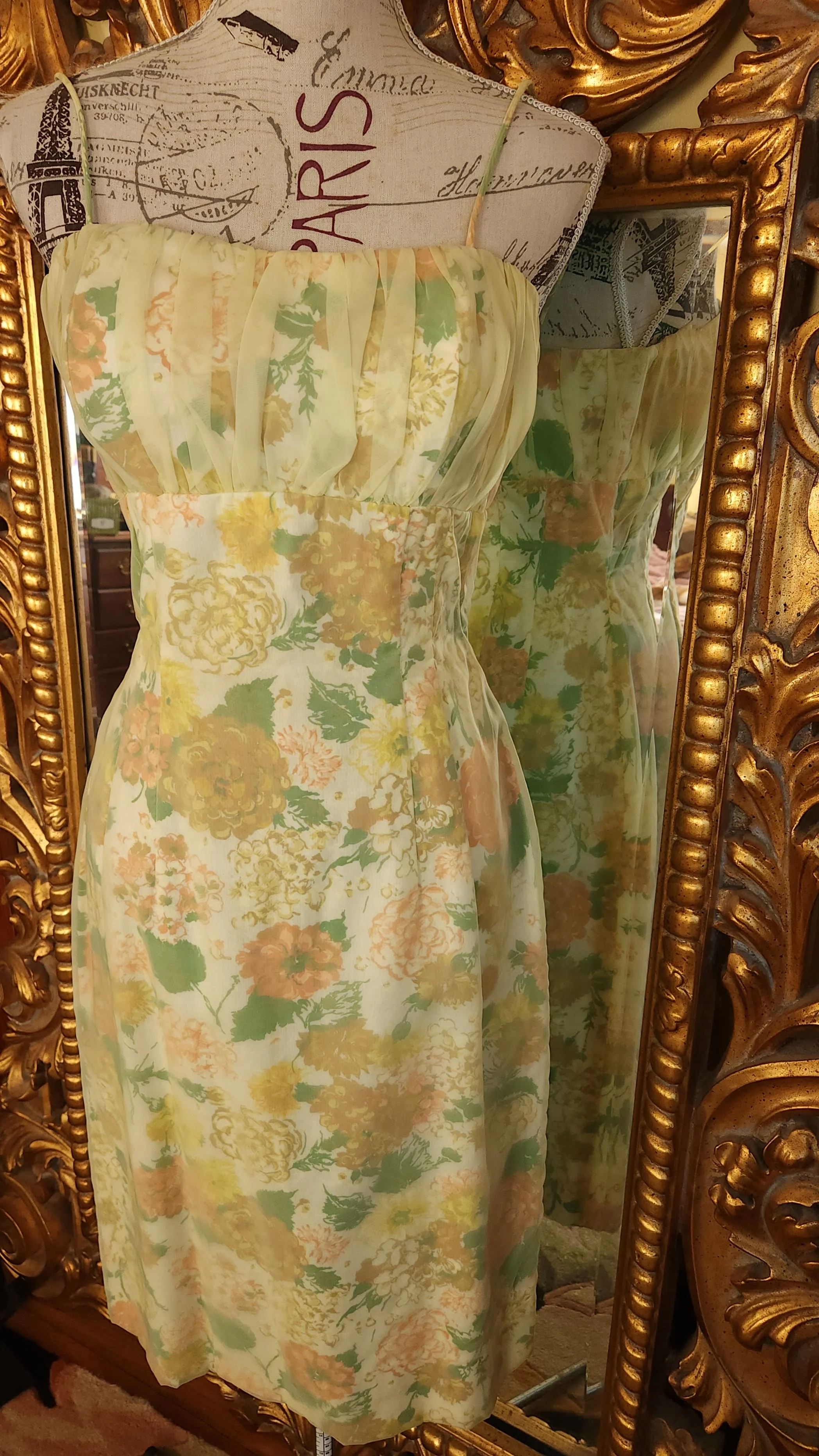 50s/60s Yellow Floral Chiffon Wiggle Dress And Jacket - Image 5