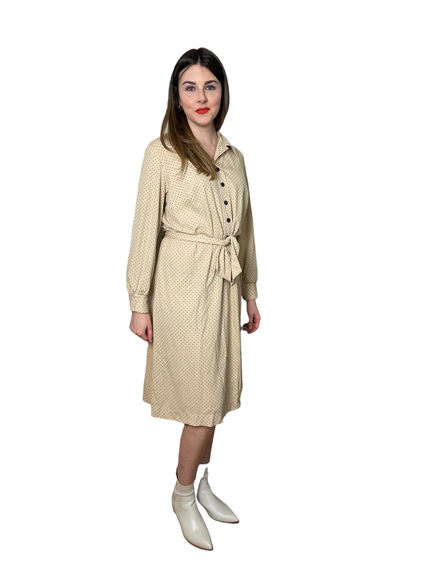 50s-60s Yellow Polka Dot Belted Dress 2xl by Walden - Image 2