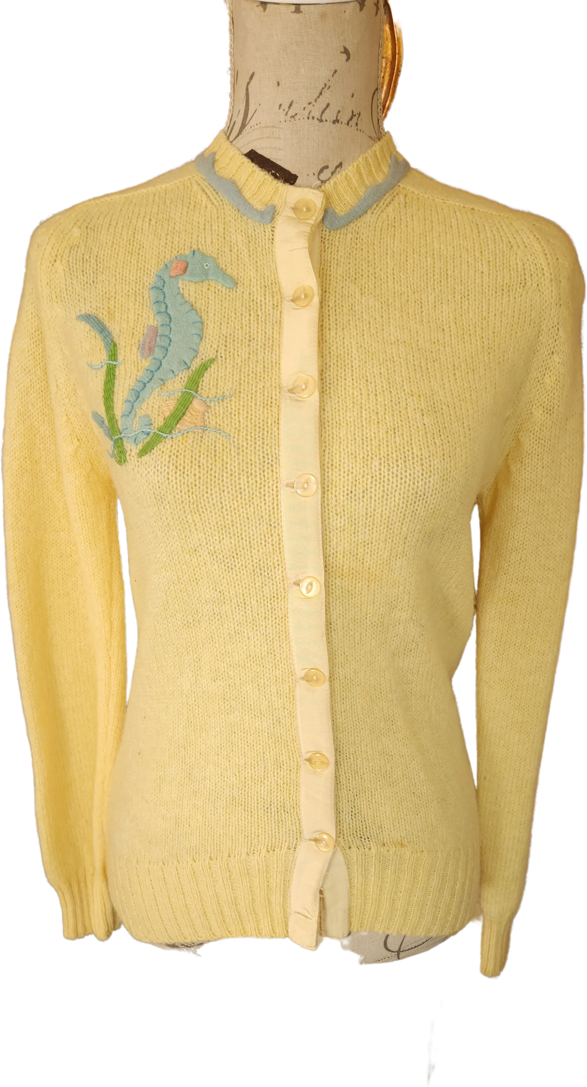 50s/60s Yellow Wool Cardigan With Seahorse Appliques By Lee Collins