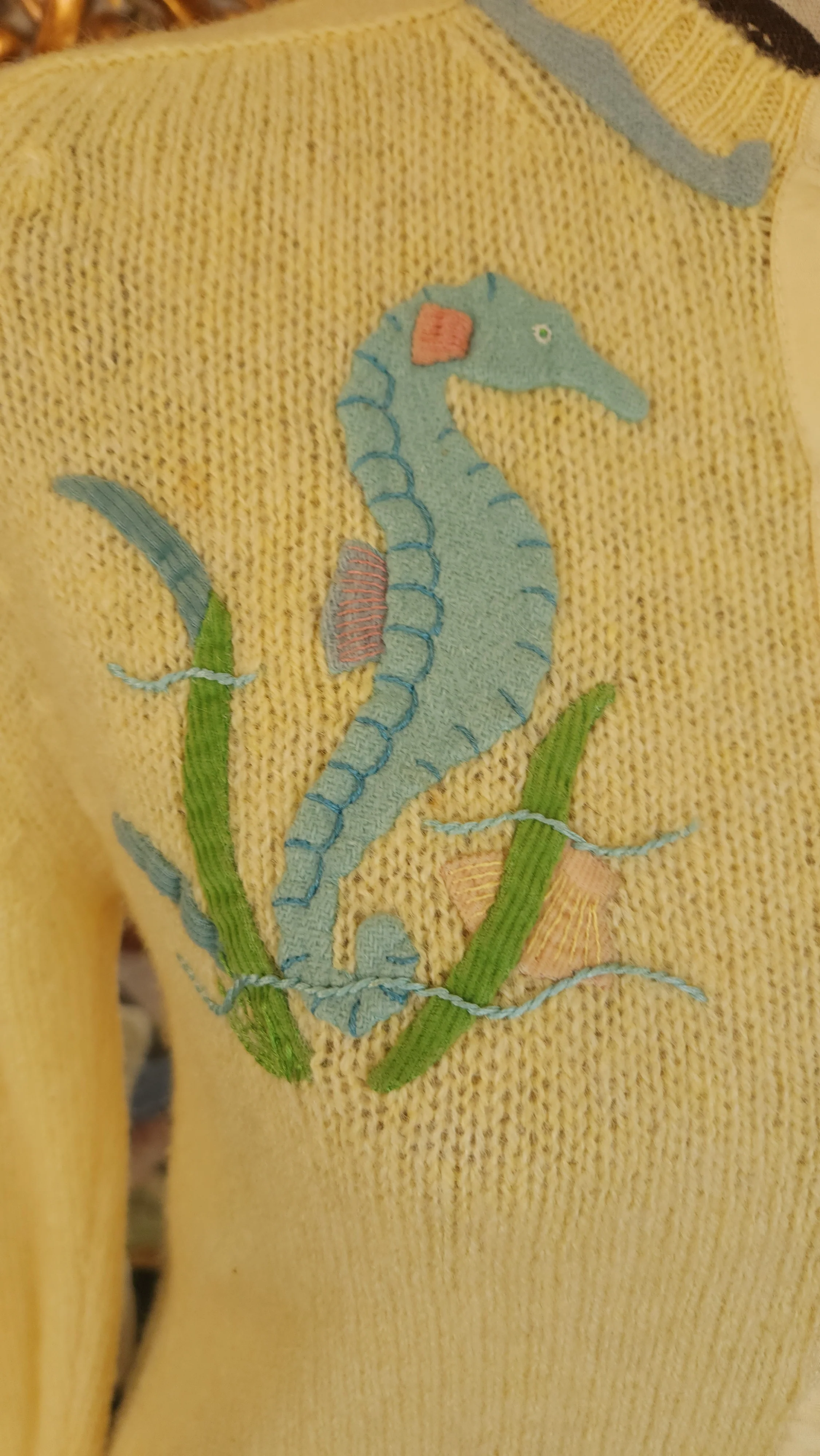 50s/60s Yellow Wool Cardigan With Seahorse Appliques By Lee Collins - Image 3