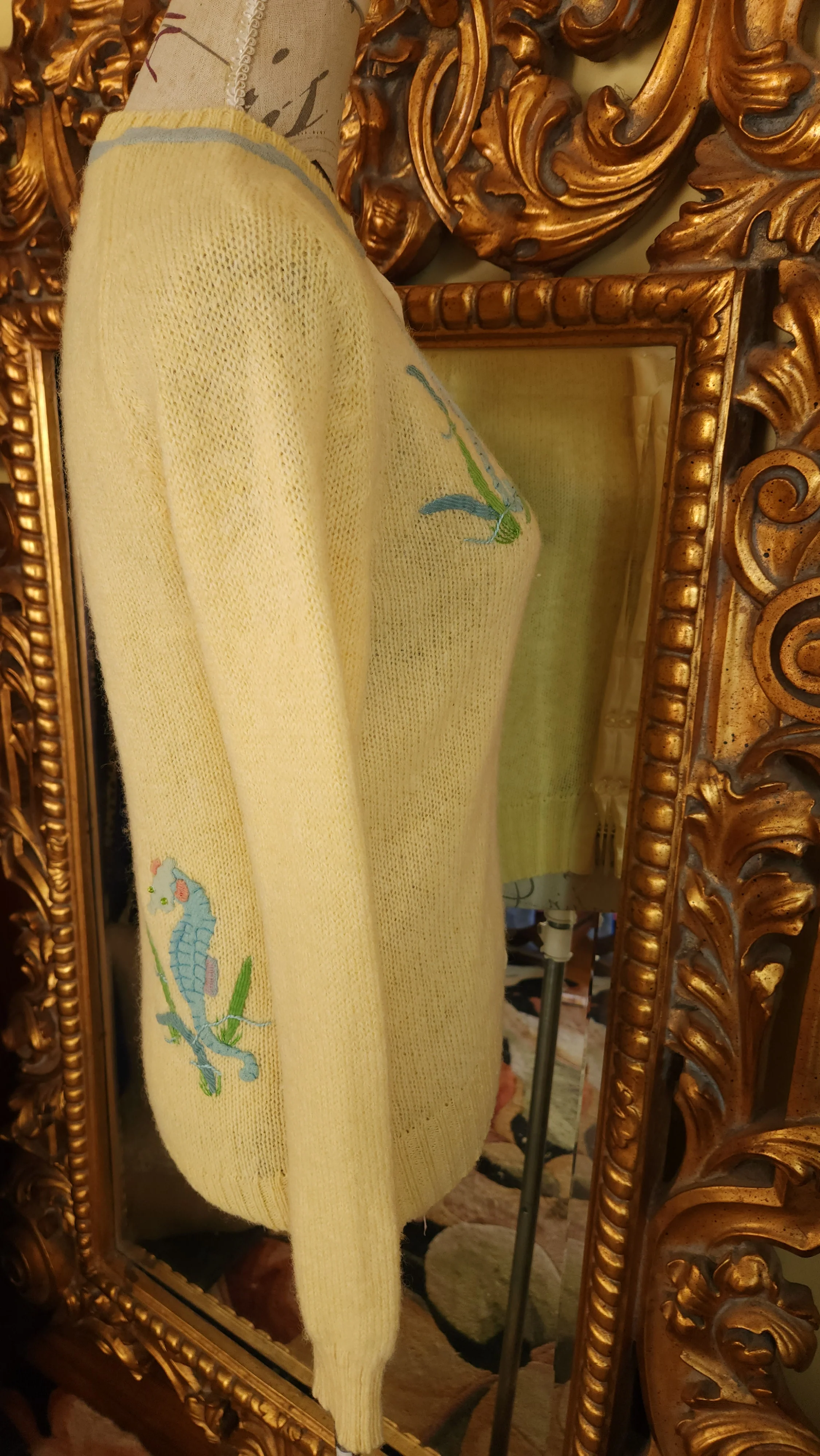 50s/60s Yellow Wool Cardigan With Seahorse Appliques By Lee Collins - Image 5