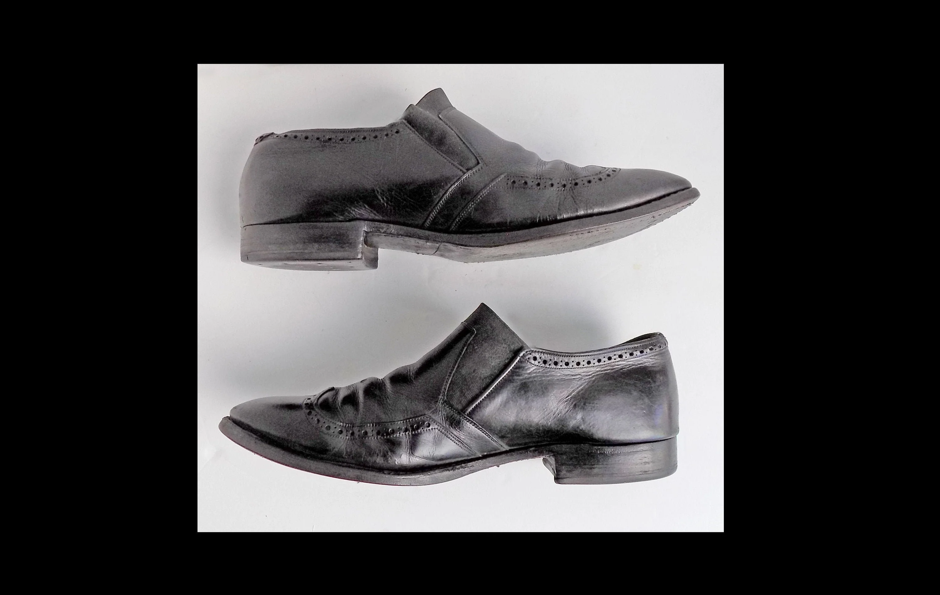 50s 70s Nunn Bush Wingtip Slip Ons Black Leather Loafers Elastic Pointy Shoes Winklepickers - Image 3