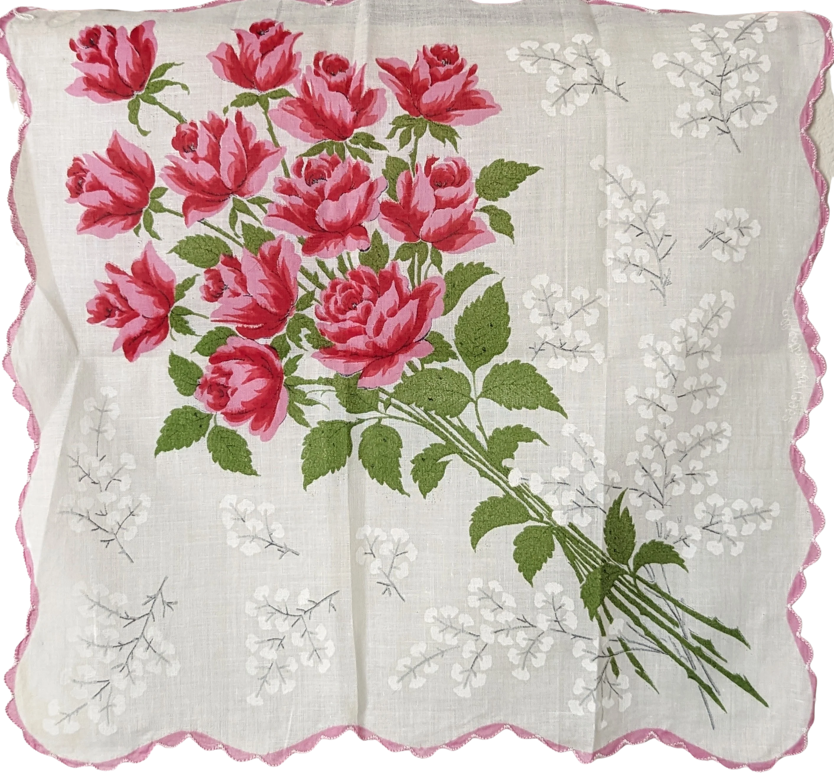 50s "a Dozen Roses" Pink and Red Scarf Handkerchief with Hand Rolled Scalloped Edge