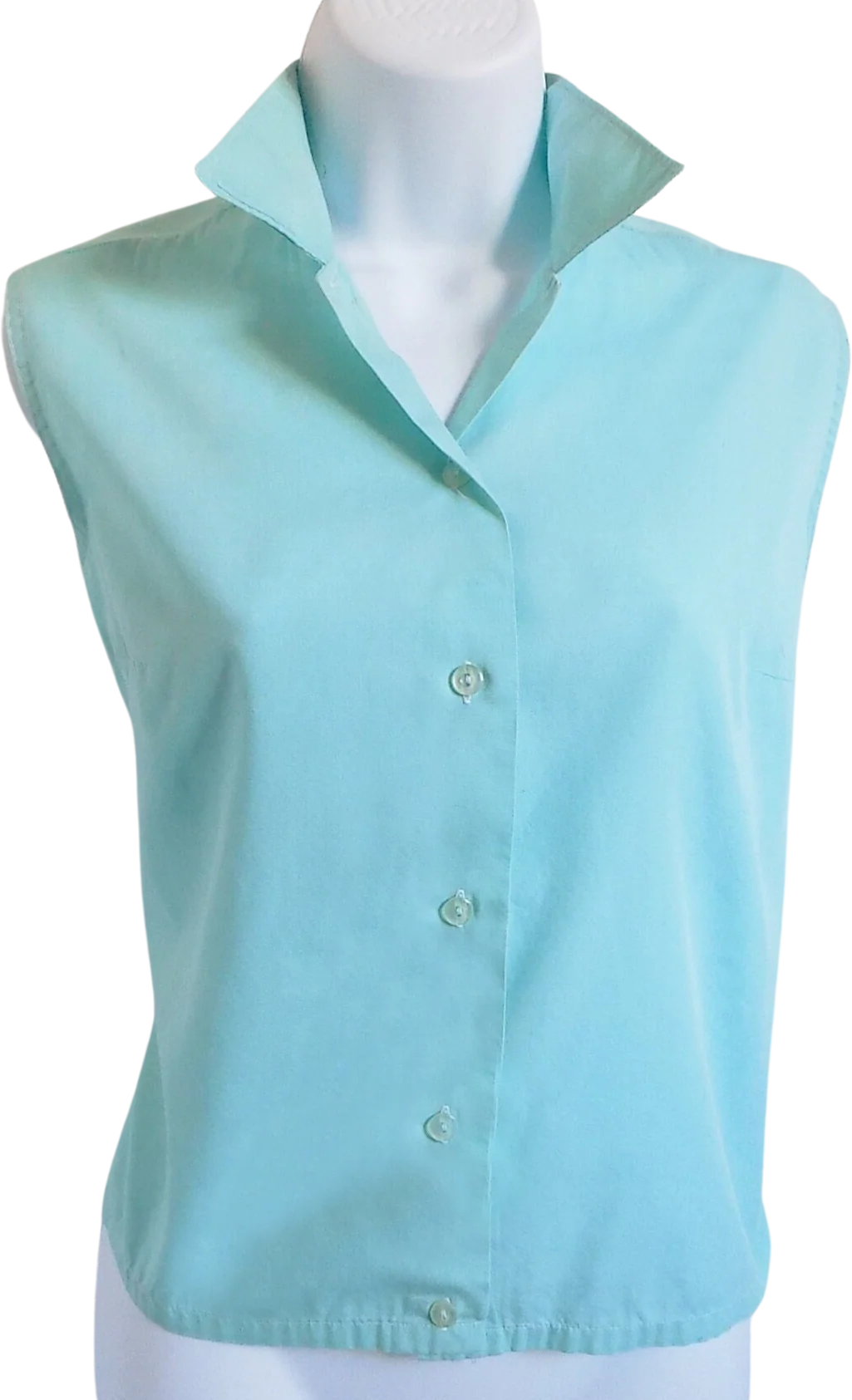 50s Aqua Rockabilly Button Collar Blouse Rnr Stand Up Collar Cotton Sleeveless Jive