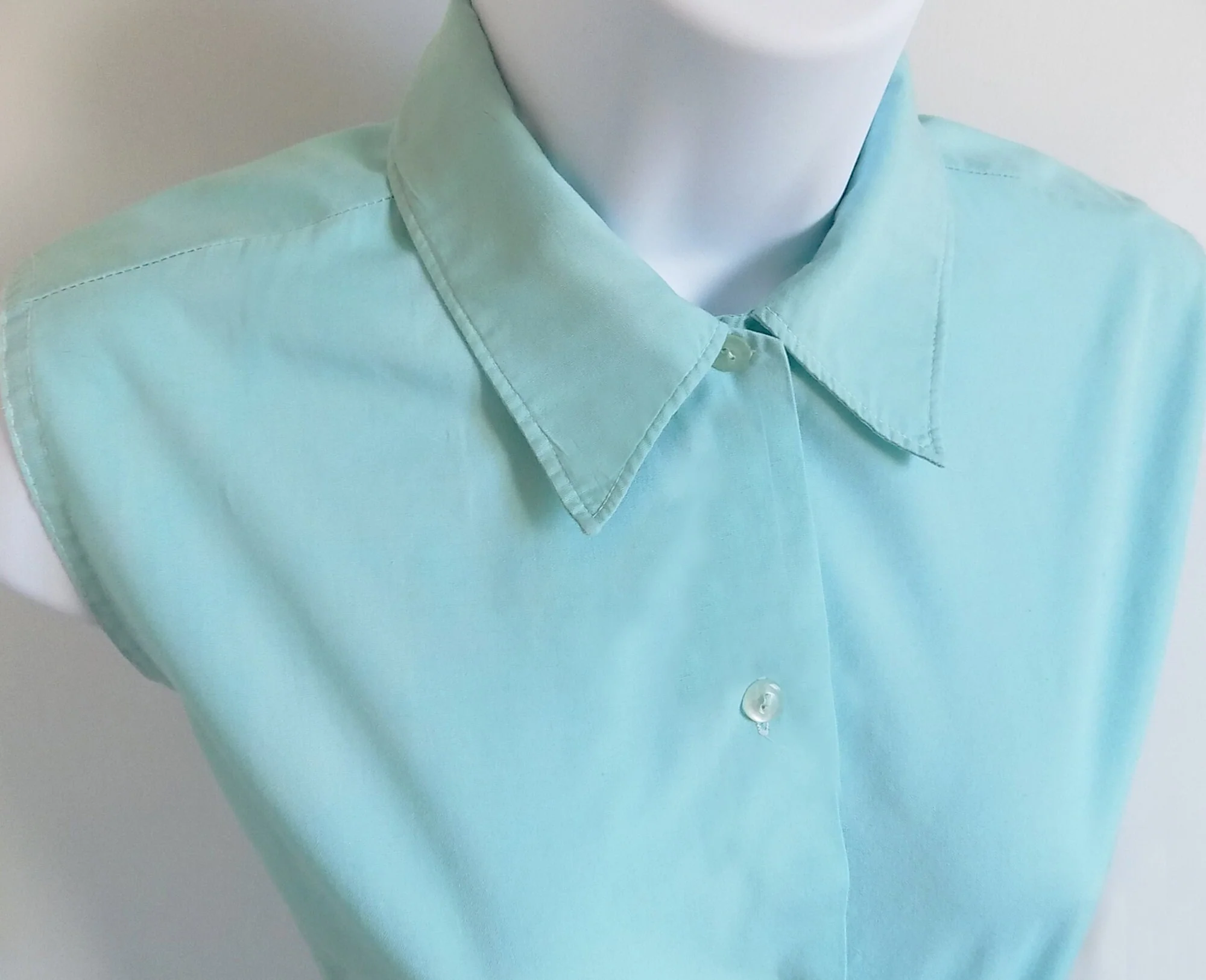 50s Aqua Rockabilly Button Collar Blouse Rnr Stand Up Collar Cotton Sleeveless Jive - Image 2