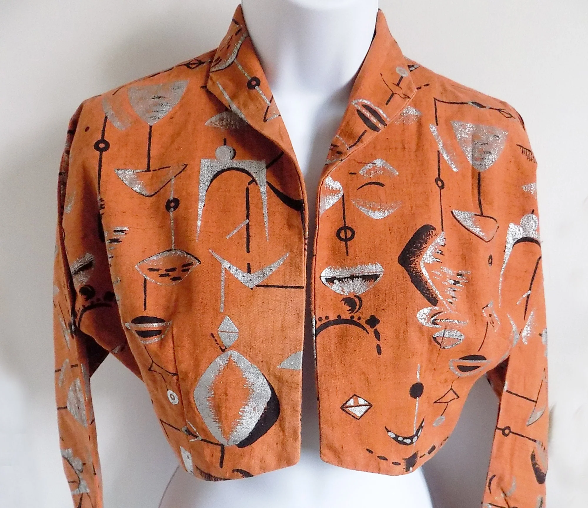 50s Atomic Mcm Hand Printed Abstract Miro Inspired Art Fabric In Silver and Black On Rust Colored Fabric Bolero Jacket by Maya De Mexico - Image 4