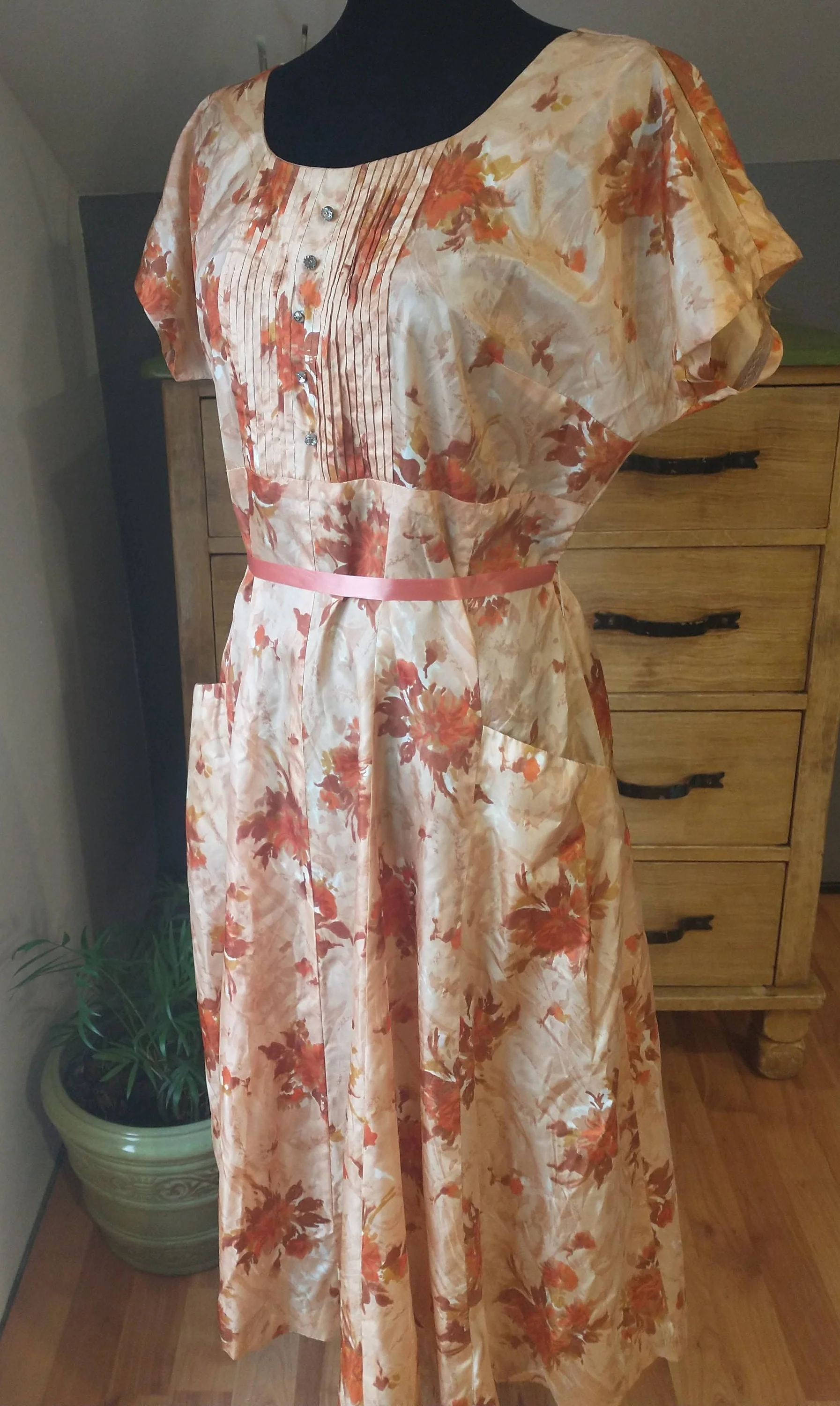 50s Beautiful Taffeta Tea Length Dress Fall Colors Short Sleeve Women's Large Prom Dance - Image 3