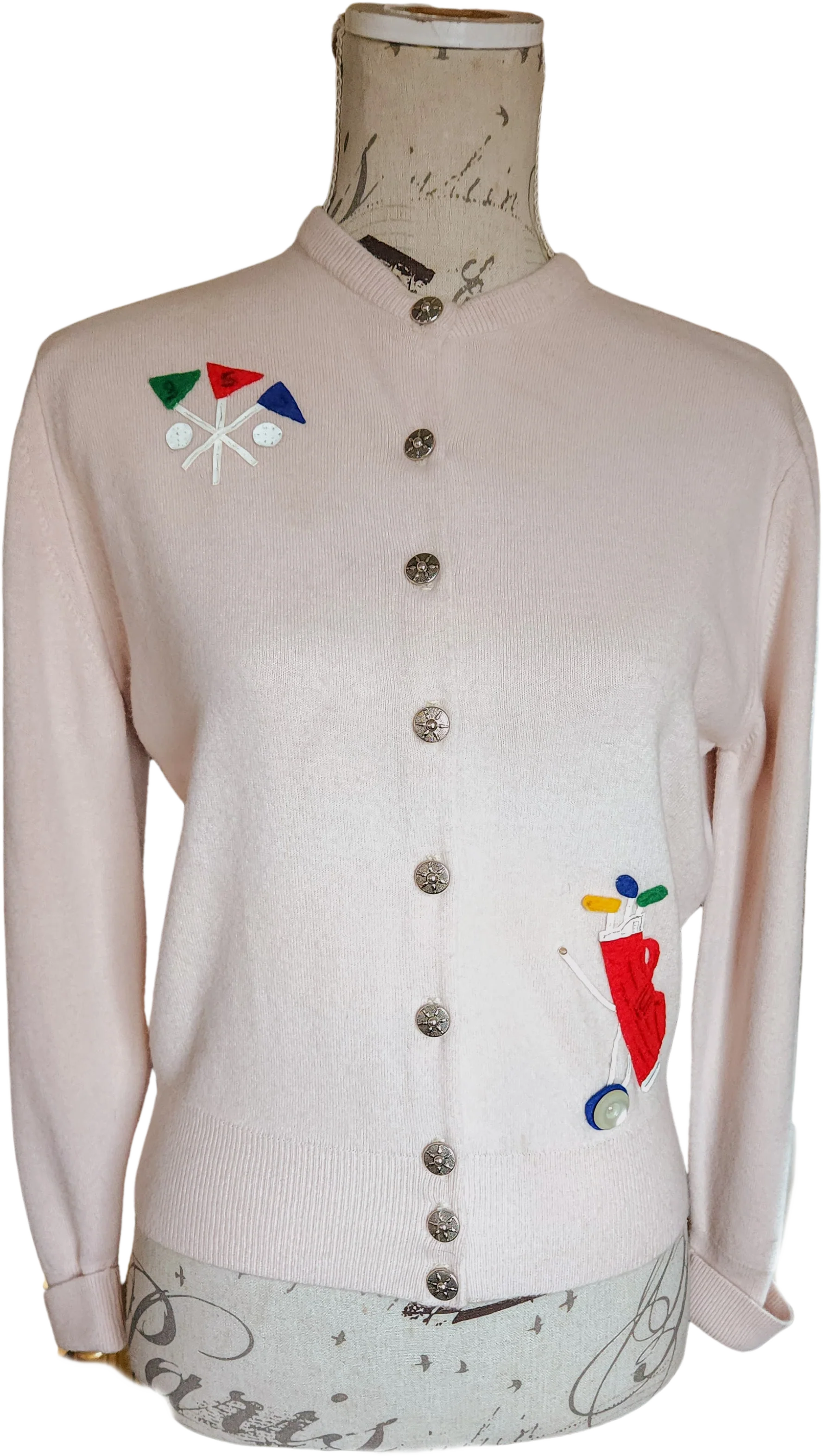 50s Beige Cashmere Cardigan With Golf Appliques By The Bamboo Shops