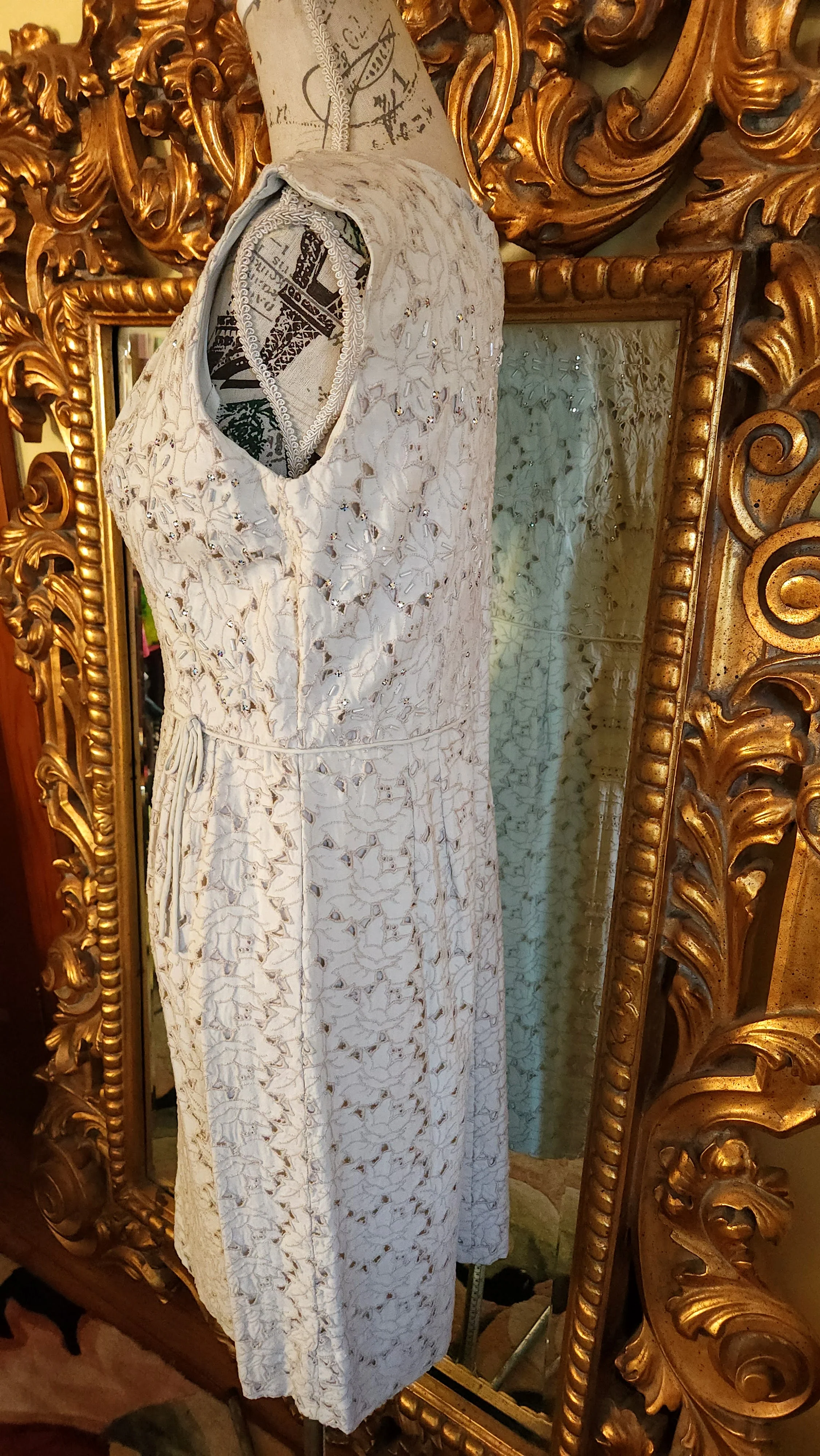 50s Beige Eyelet Lace Dress With Ab Rhinestones - Image 4
