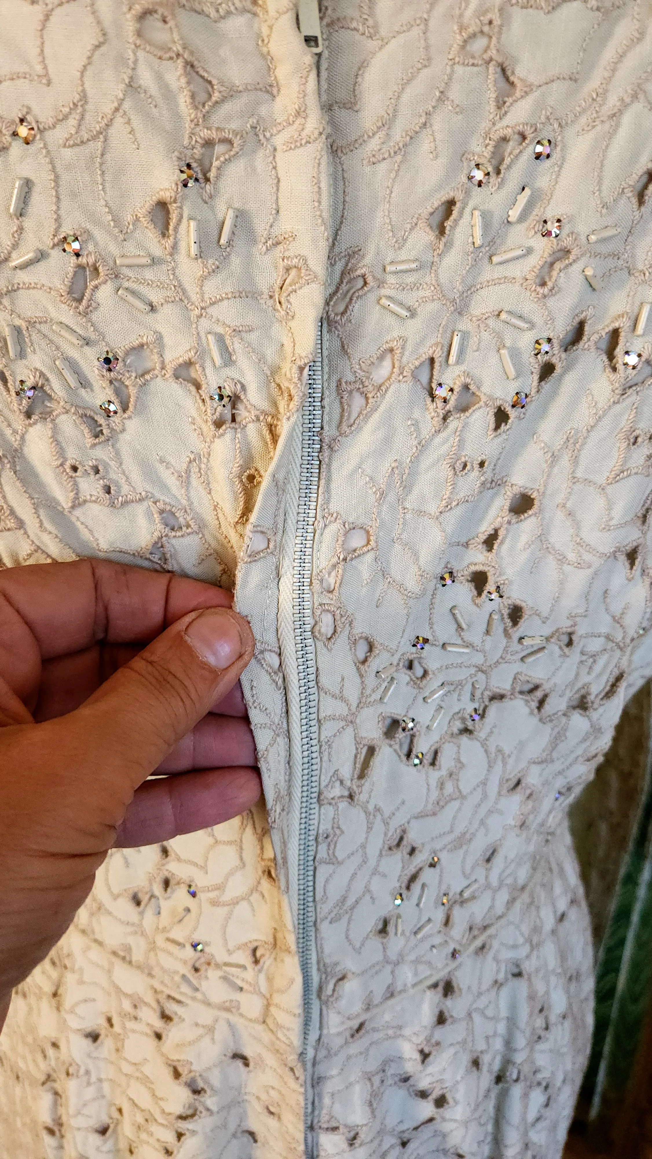 50s Beige Eyelet Lace Dress With Ab Rhinestones - Image 7
