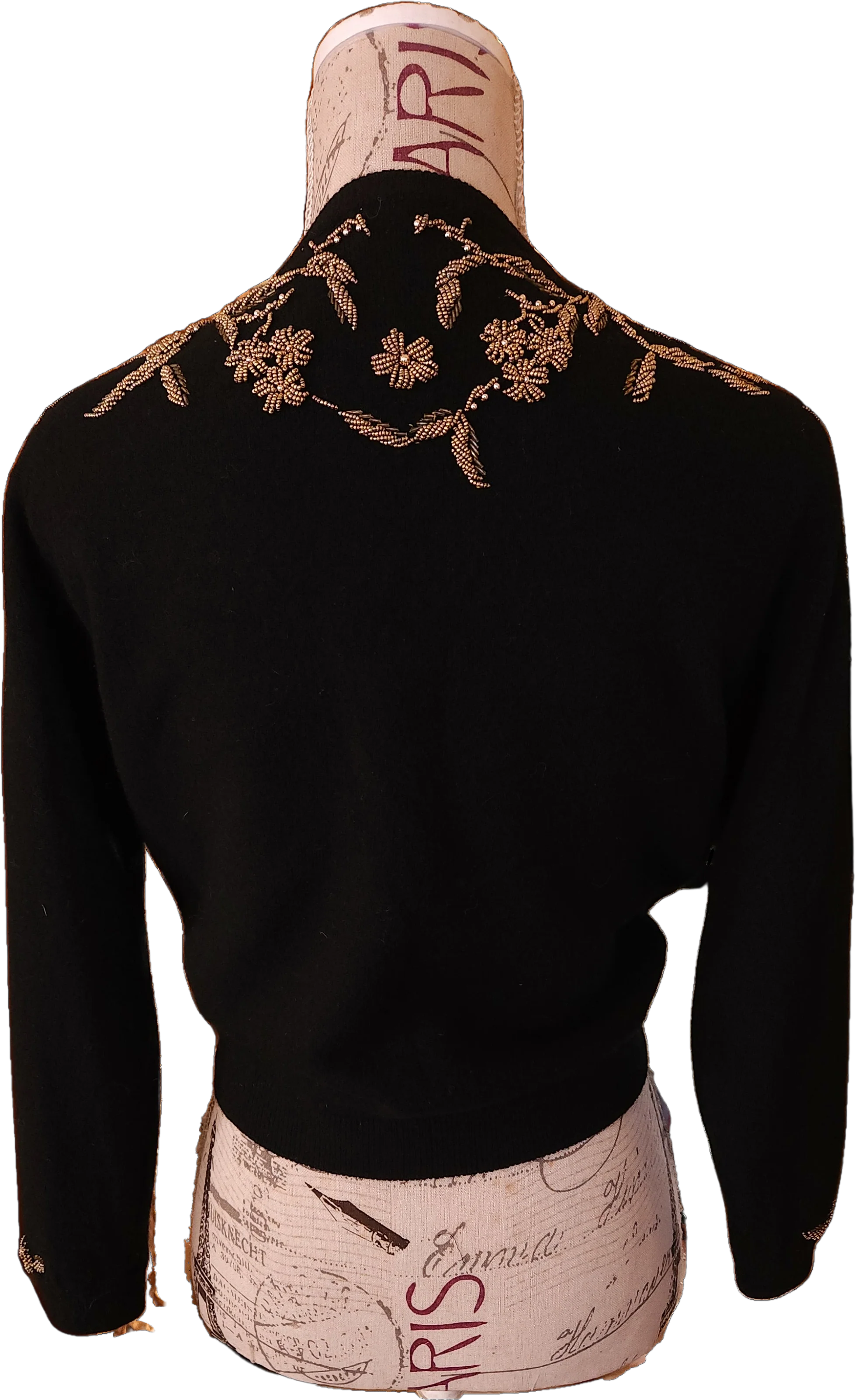 50s Black And Gold Beaded Lambs Wool Cardigan Sweater - Image 2