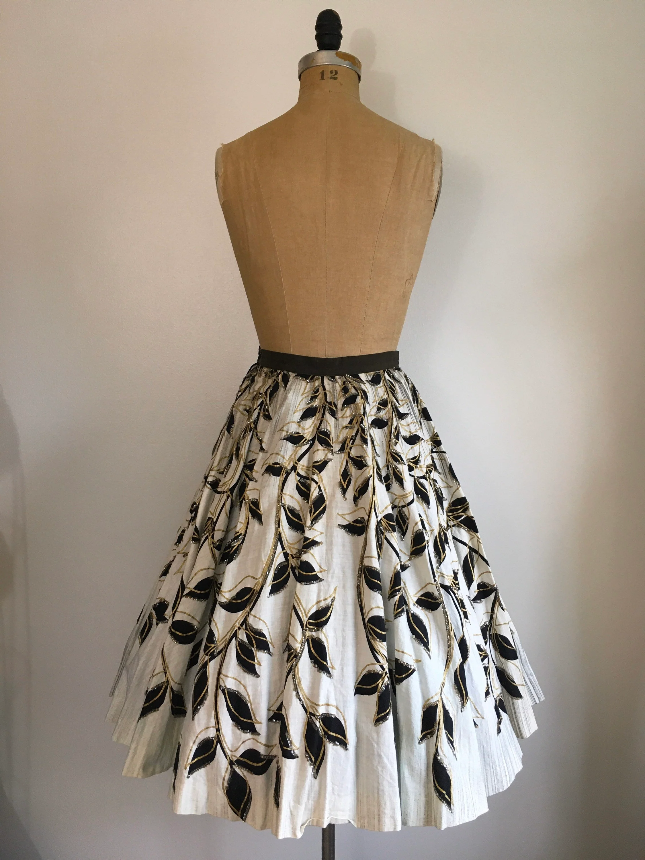 50's Black and Gold Circle Skirt with Roses And Bamboo Print by Spanish Main - Image 2