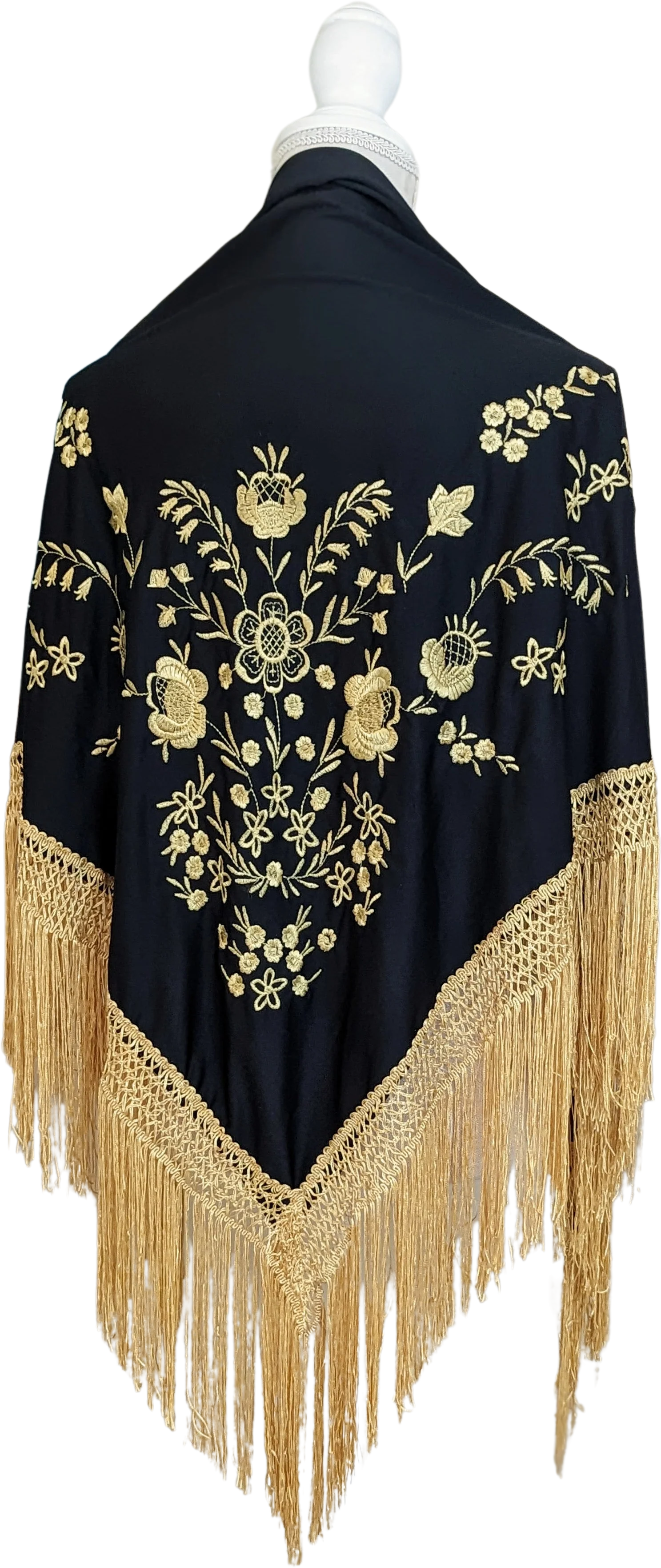 50s Black and Gold Floral Piano Shawl Wrap On Black Background Embroidered In Gold with Knotted Macrame Fringe Made of Rayon