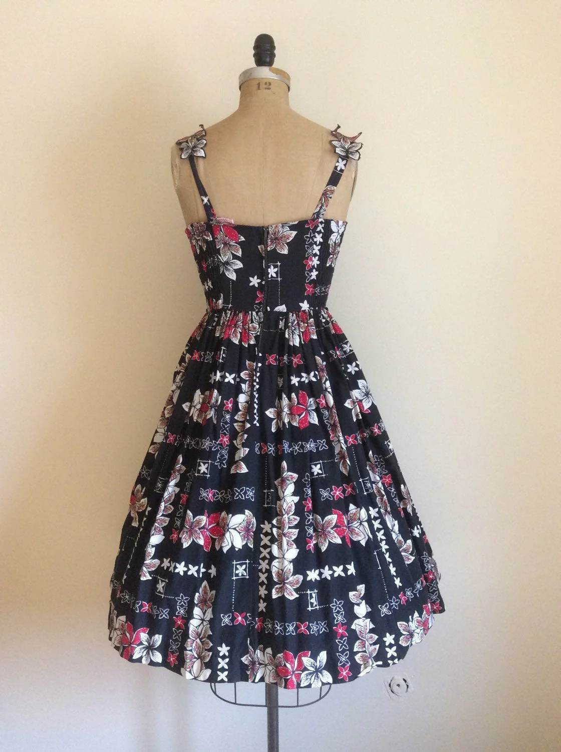 50's Black and Red Floral Hawaiian Sundress by Candy Jones - Image 2