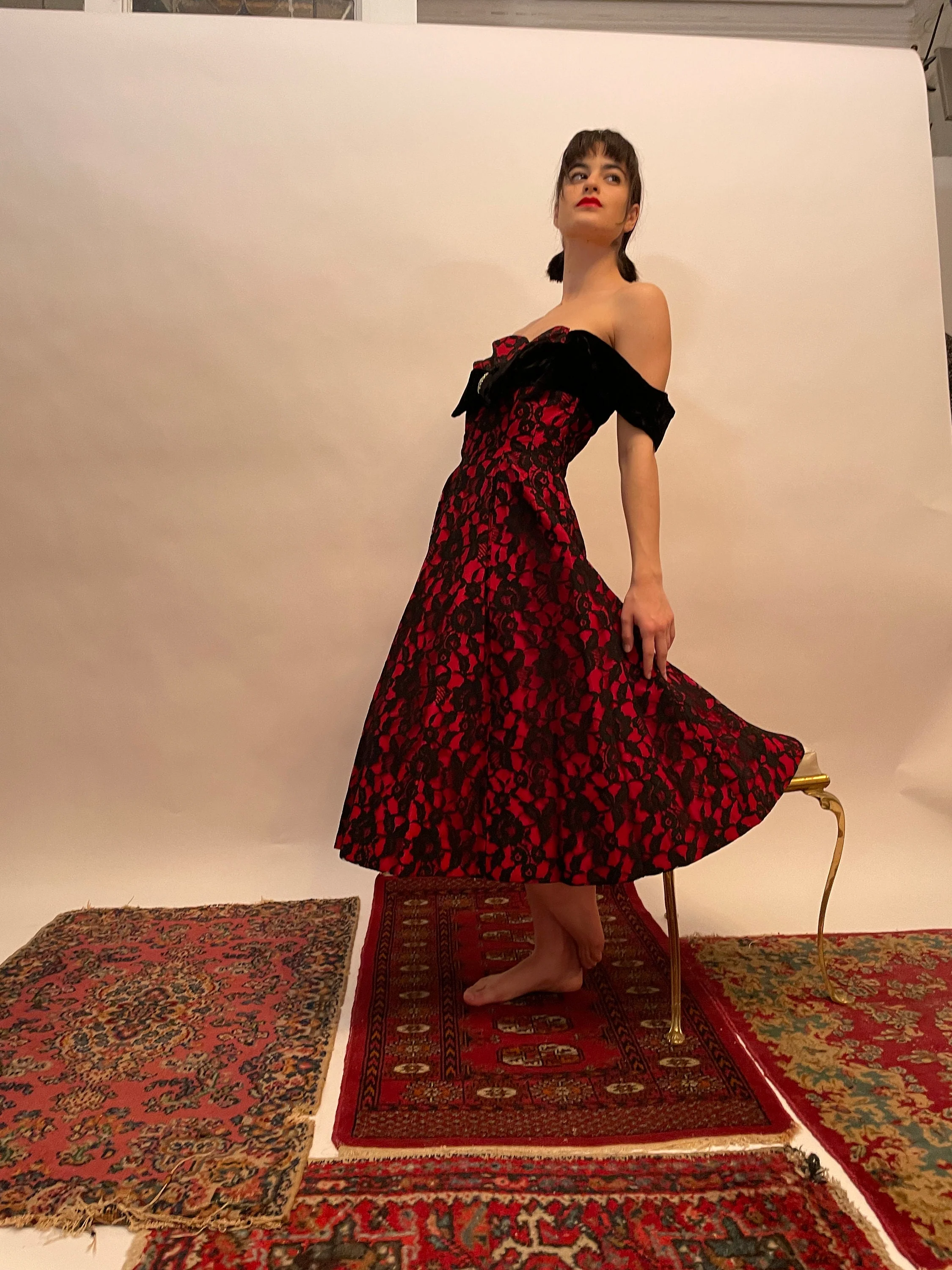 50s Black and Red Party Dress with Black Velvet Straps Velvet In The Front and Back - Image 2