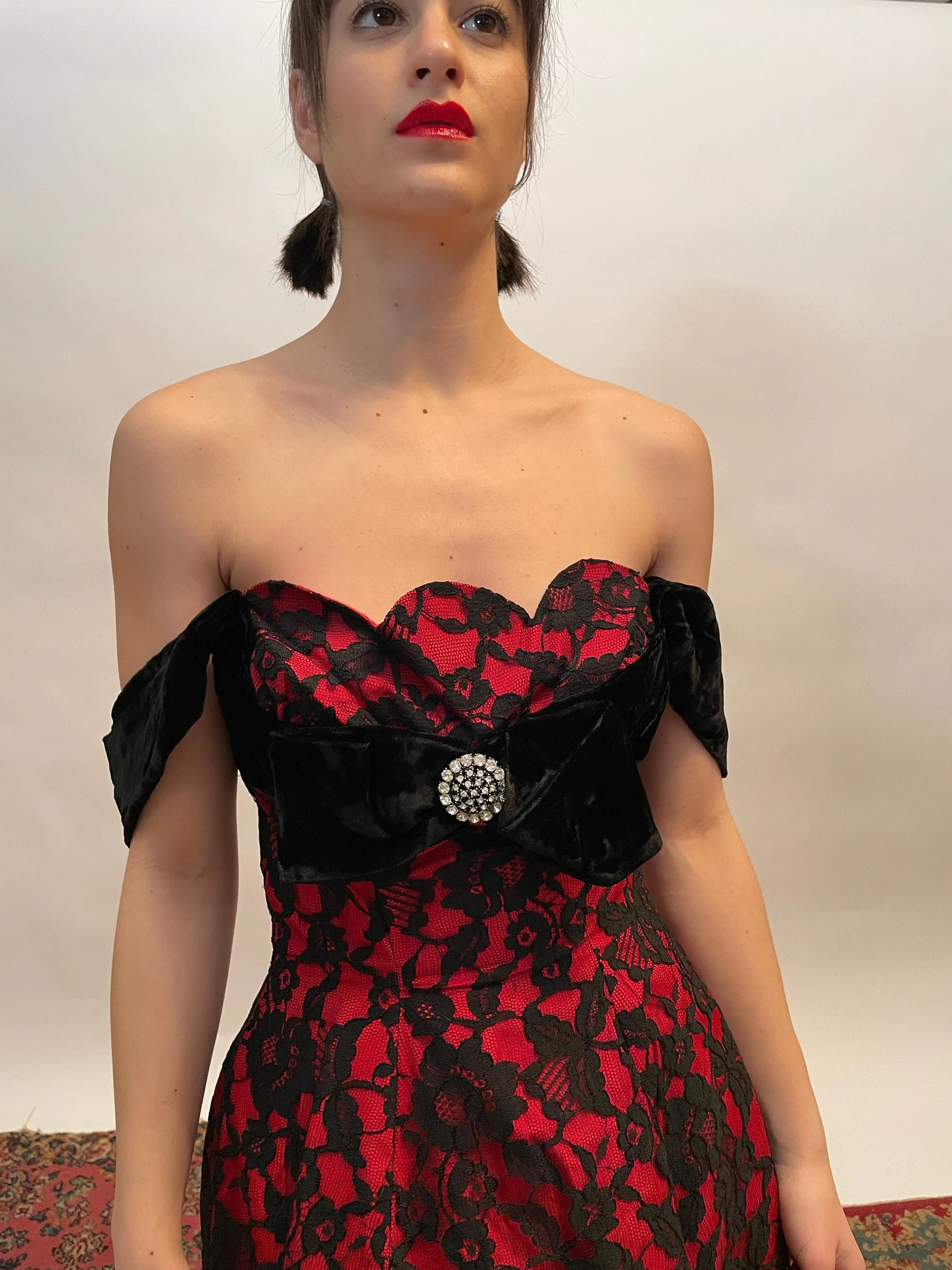 50s Black and Red Party Dress with Black Velvet Straps Velvet In The Front and Back - Image 3