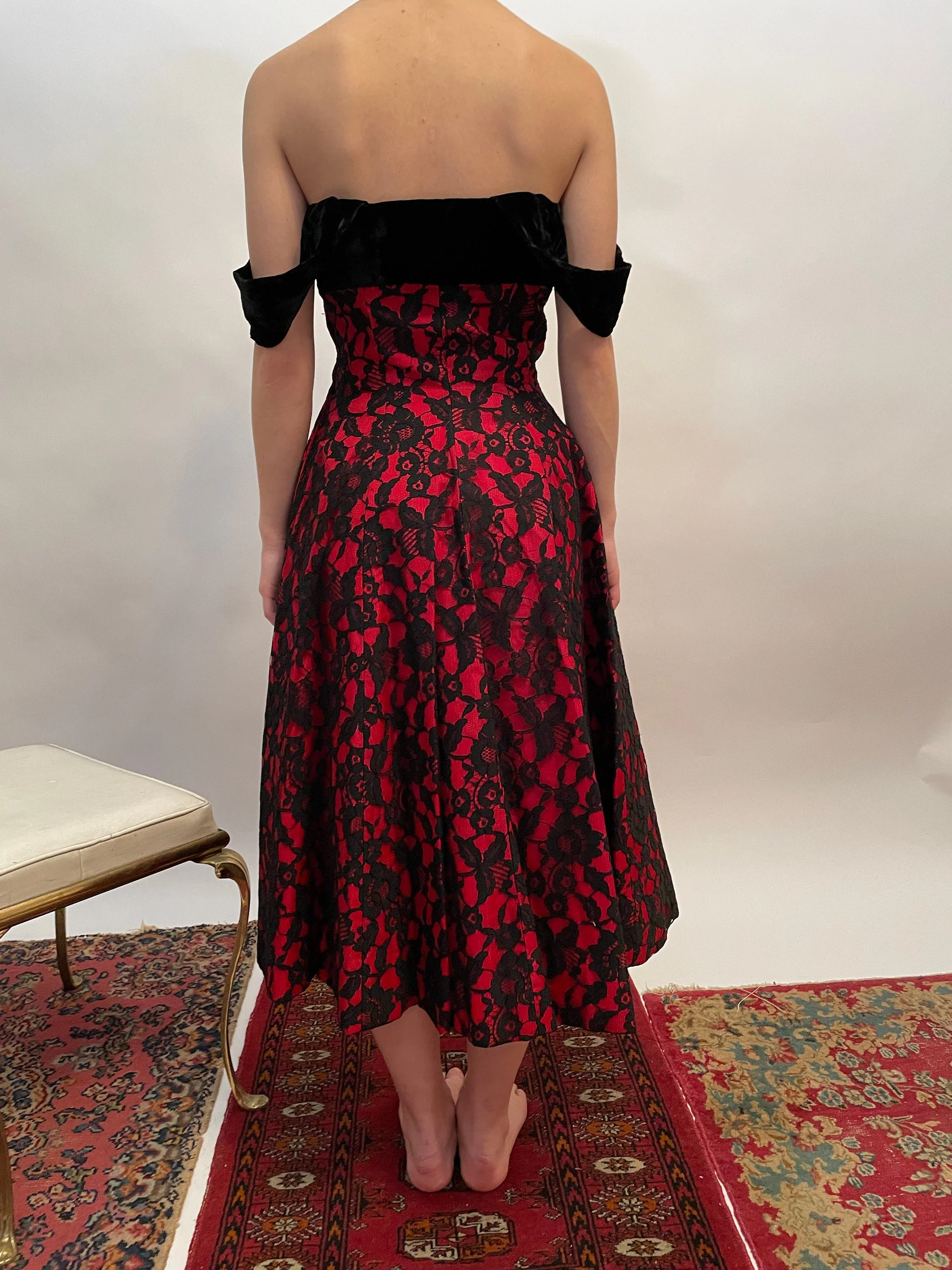 50s Black and Red Party Dress with Black Velvet Straps Velvet In The Front and Back - Image 6