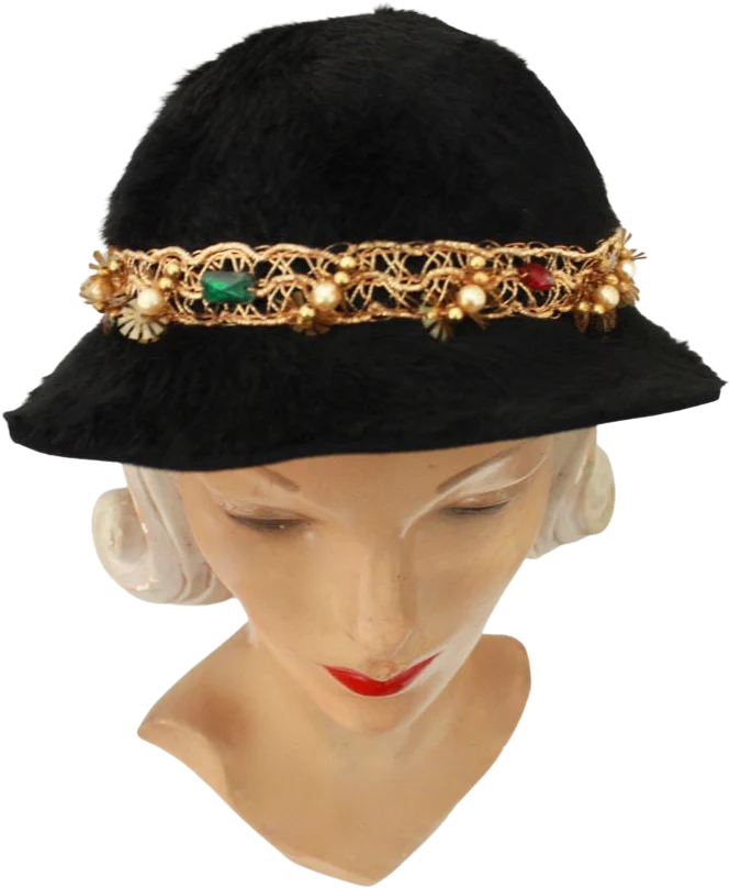 50s Black Angora Cloche Hat with Gold Trim