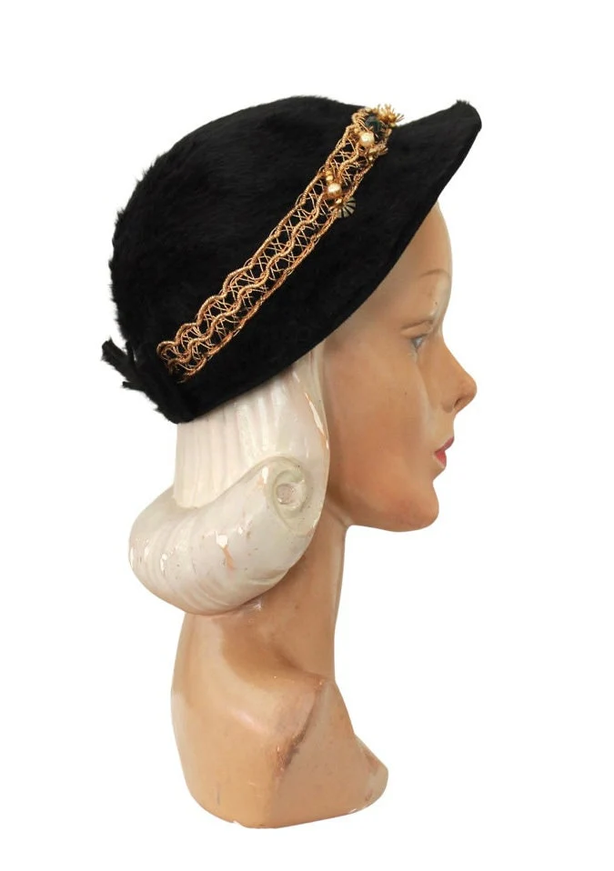 50s Black Angora Cloche Hat with Gold Trim - Image 4