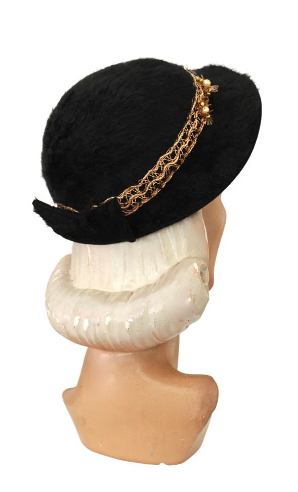 50s Black Angora Cloche Hat with Gold Trim - Image 5