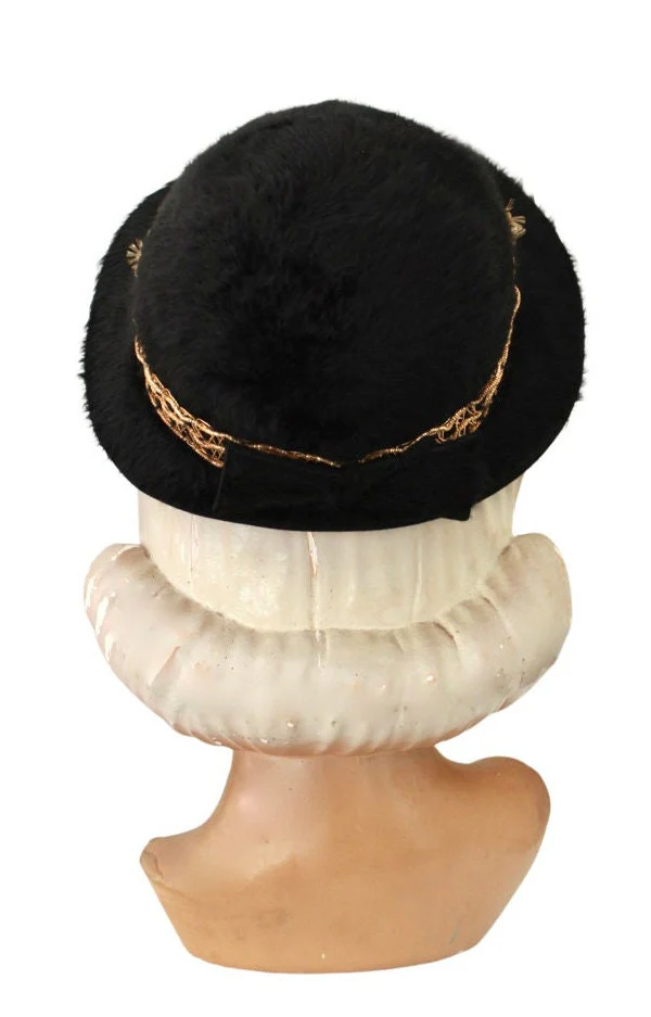 50s Black Angora Cloche Hat with Gold Trim - Image 6