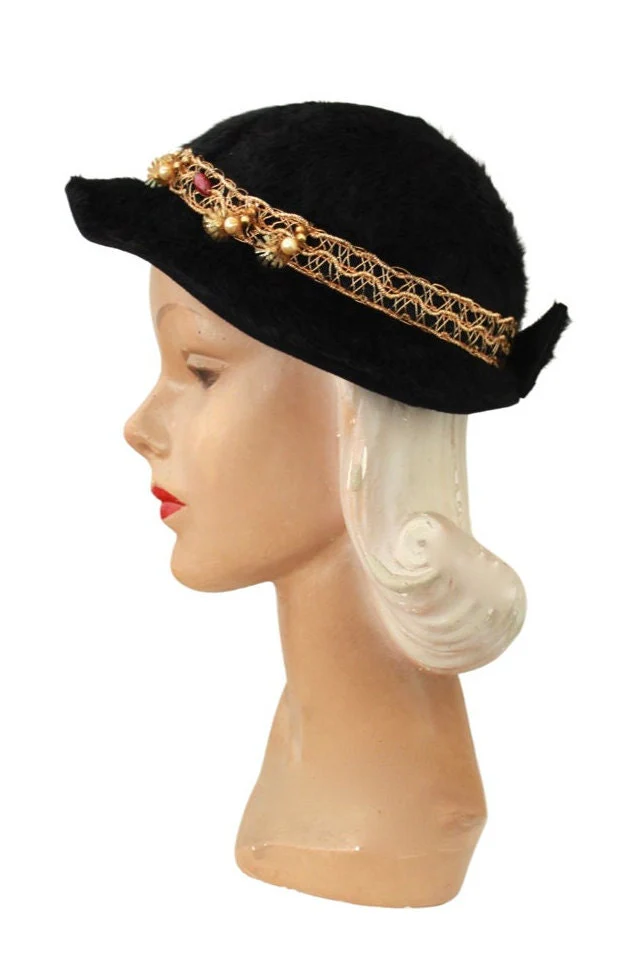 50s Black Angora Cloche Hat with Gold Trim - Image 7