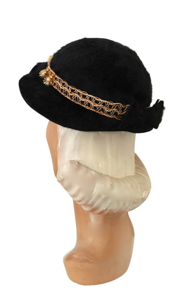 50s Black Angora Cloche Hat with Gold Trim - Image 8