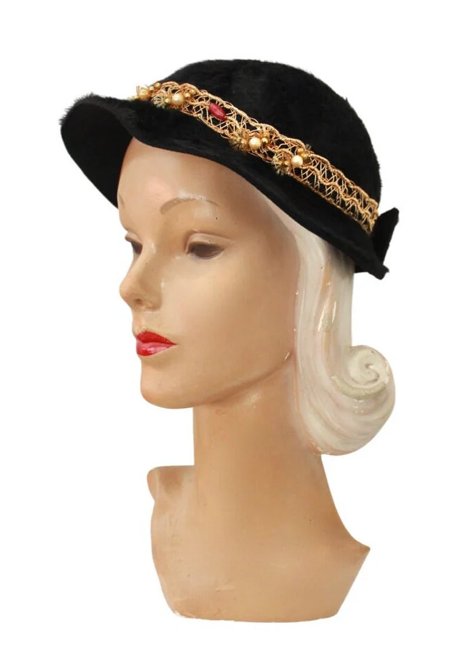 50s Black Angora Cloche Hat with Gold Trim - Image 9