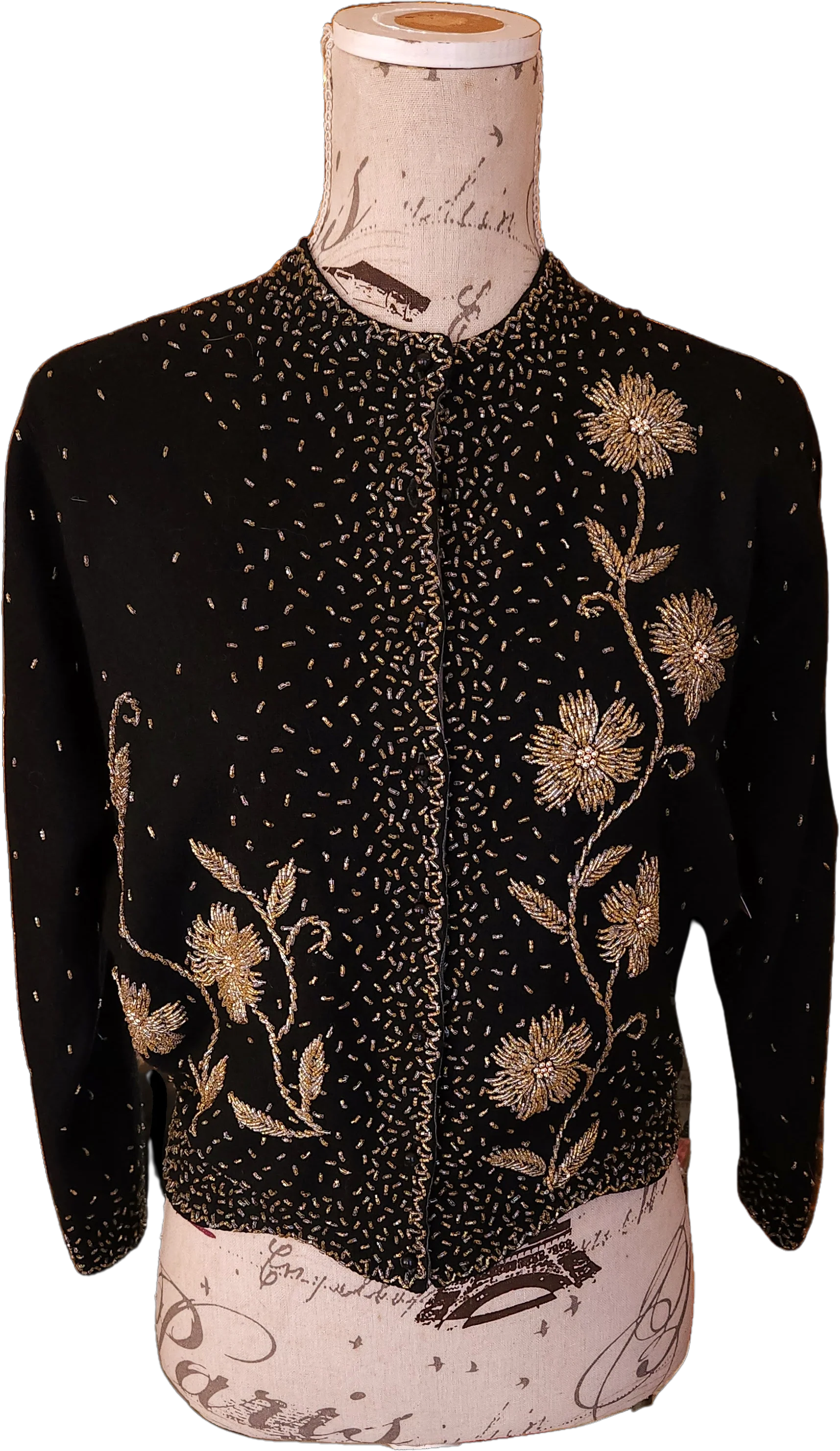 50s Black Angora Elaborately Beaded Cardigan Sweater By Miss Boutique