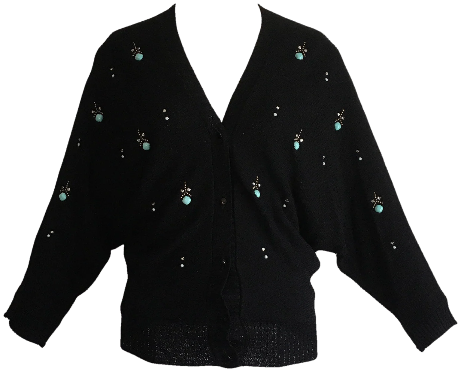50's Black Cardigan with Turquoise and Gold Rhinestones and Studs by Brookshire of California