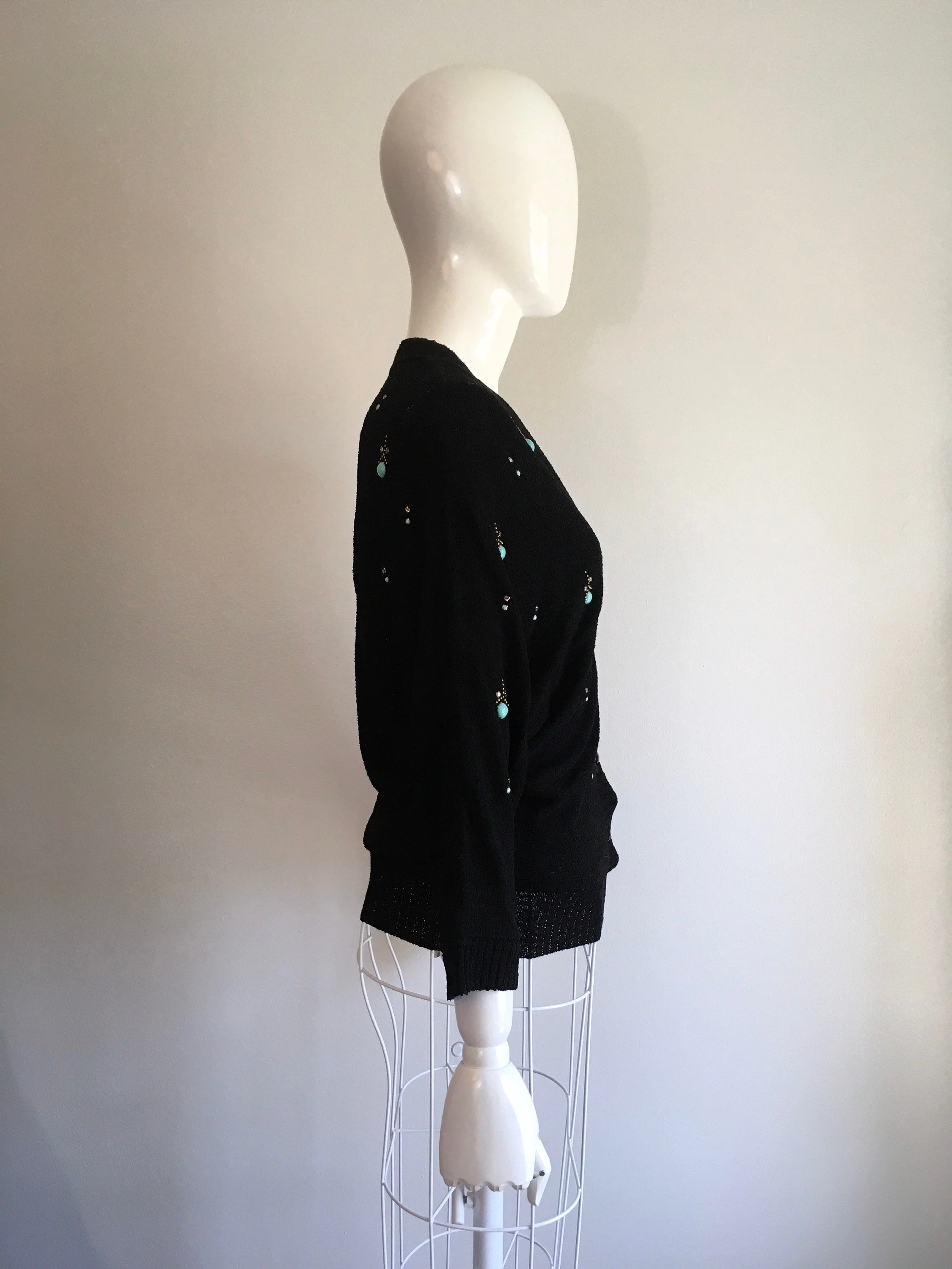 50's Black Cardigan with Turquoise and Gold Rhinestones and Studs by Brookshire of California - Image 3