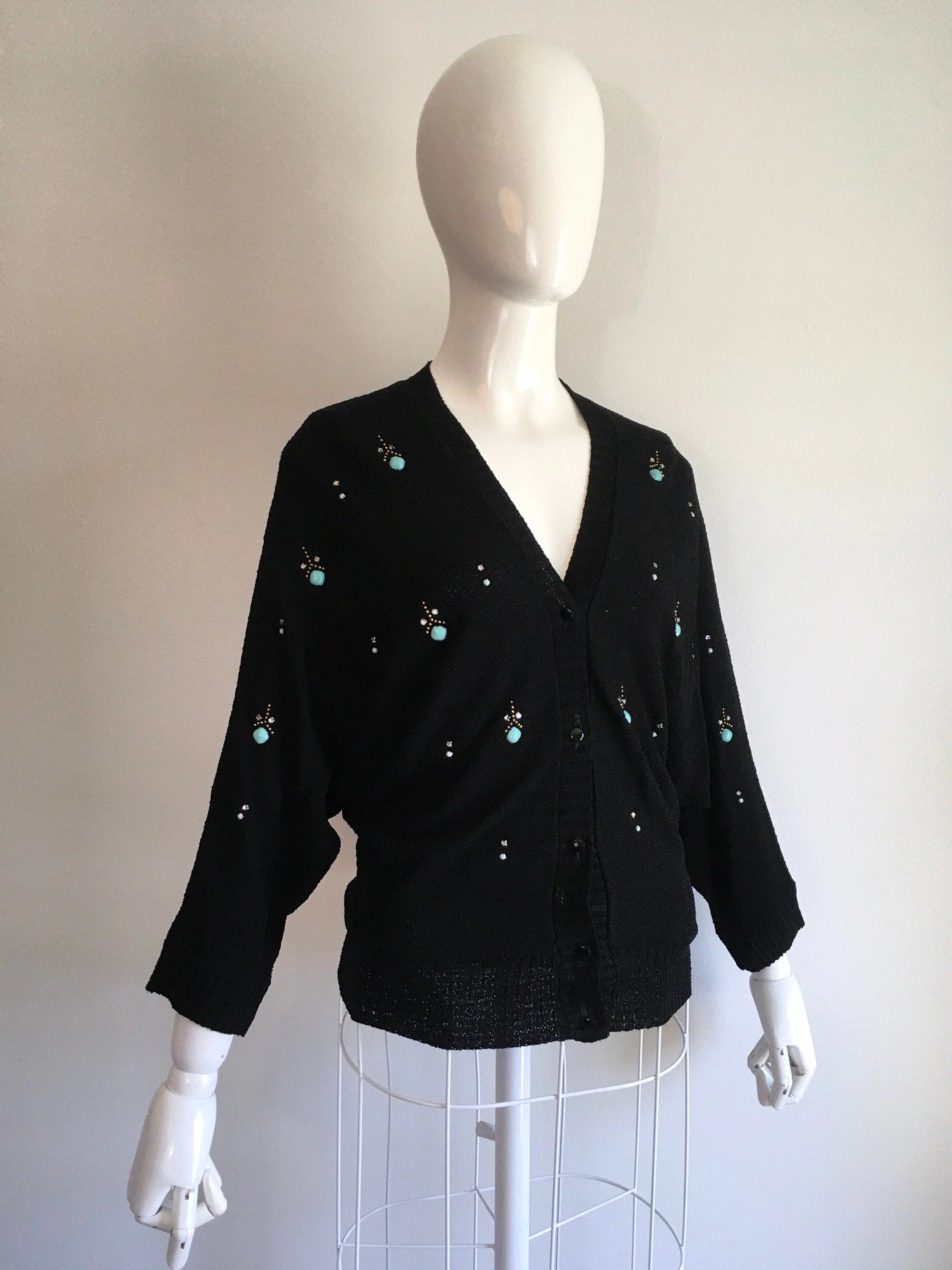 50's Black Cardigan with Turquoise and Gold Rhinestones and Studs by Brookshire of California - Image 4