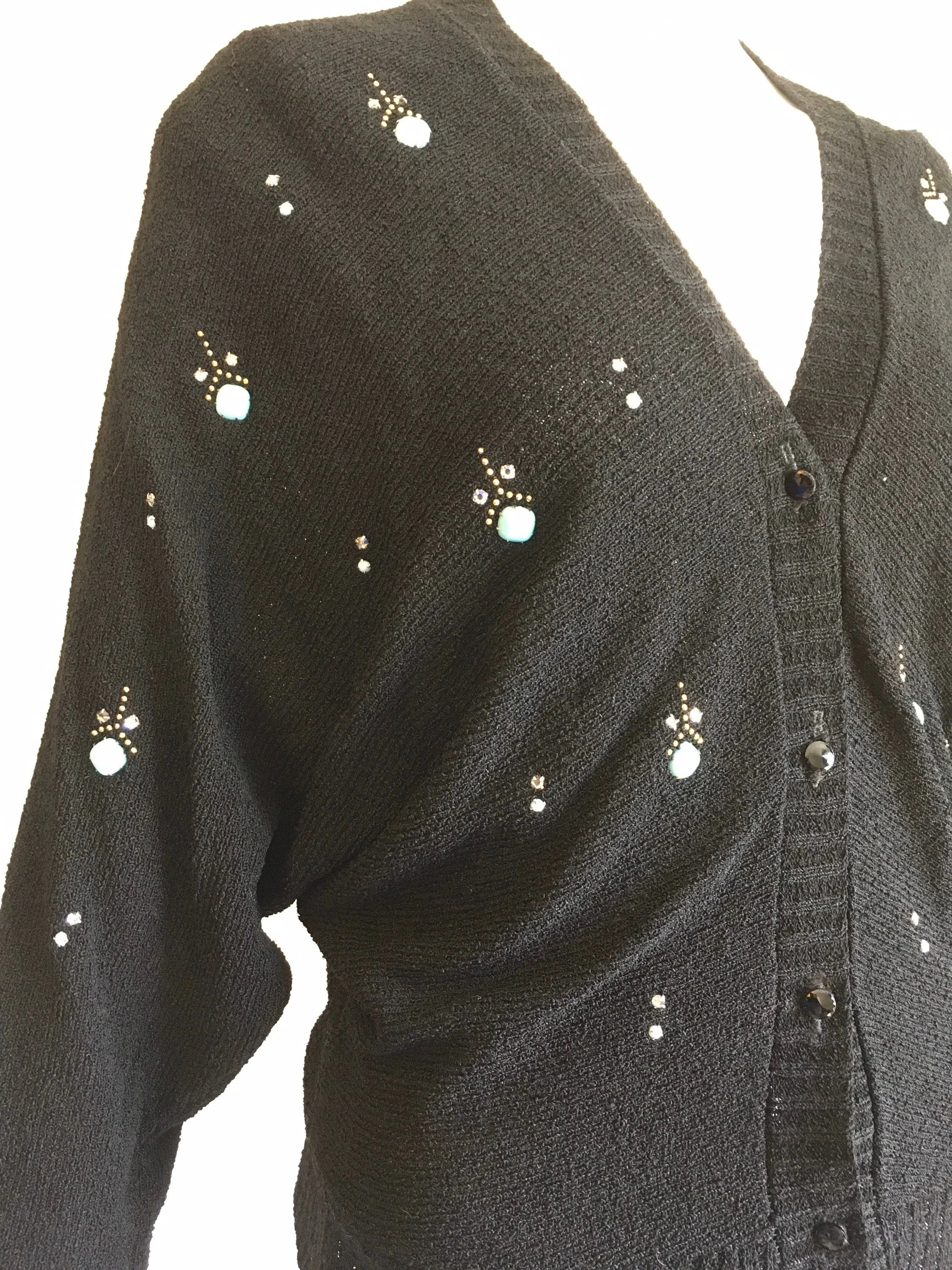 50's Black Cardigan with Turquoise and Gold Rhinestones and Studs by Brookshire of California - Image 5