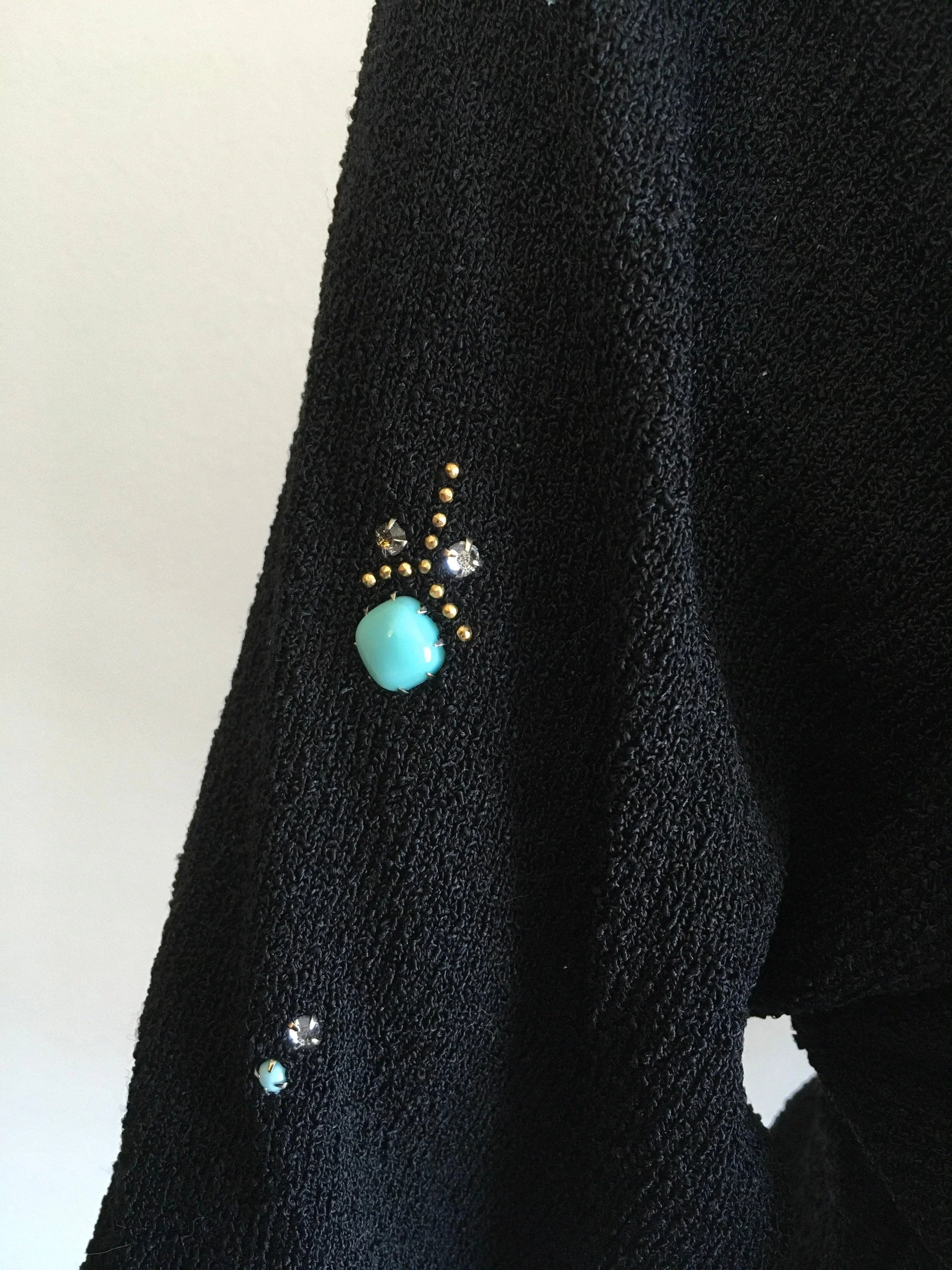 50's Black Cardigan with Turquoise and Gold Rhinestones and Studs by Brookshire of California - Image 6