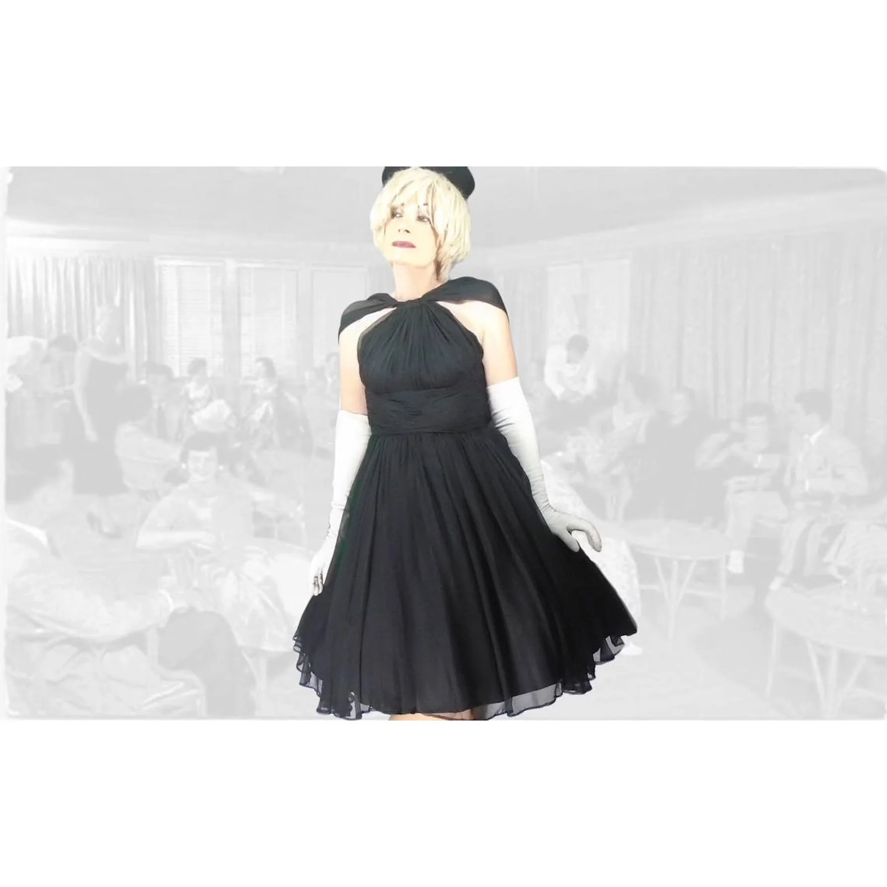 50s Black Chiffon Fit Flare Formal, Convertible Halter By Joan Leslie - Image 3