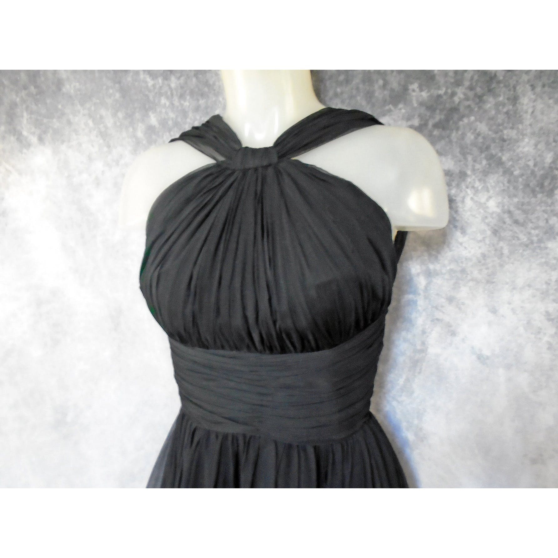 50s Black Chiffon Fit Flare Formal, Convertible Halter By Joan Leslie - Image 6