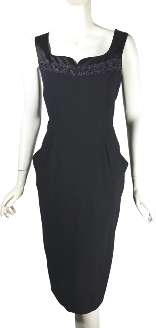 50s Black Cocktail Dress Sleeveless Metallic Lace Trim