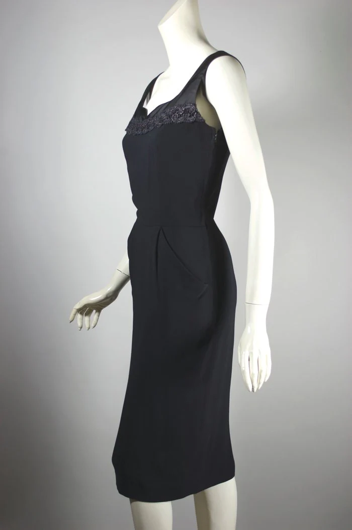 50s Black Cocktail Dress Sleeveless Metallic Lace Trim - Image 3
