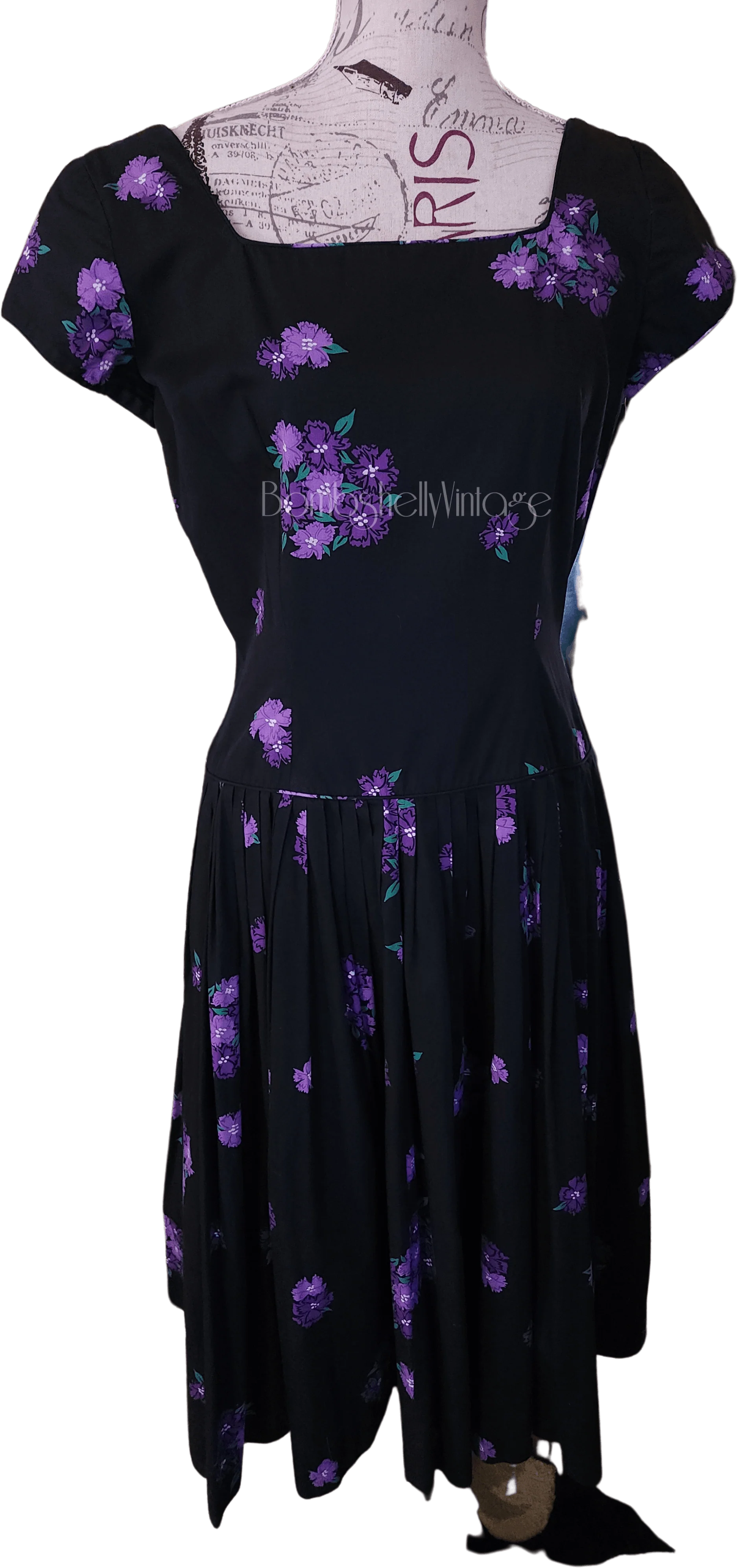 50s Black Cotton Floral Drop Waist Fit And Flare Dress By Jerry Gilden Spectator - Image 8