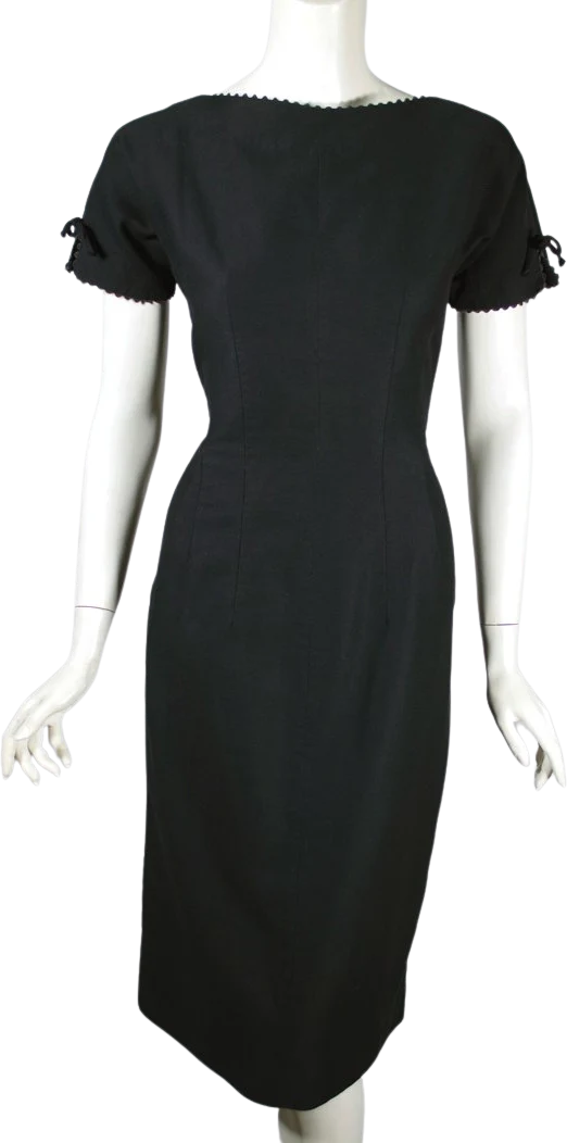 50s Black Cotton Pique Dress Hourglass Fit Rickrack By Bobbie Brooks