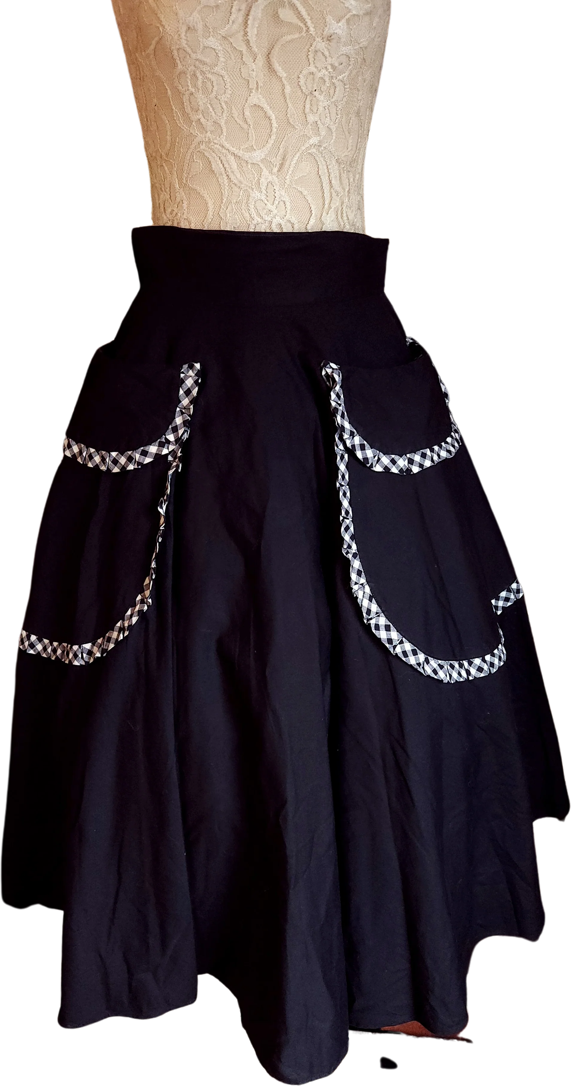 50s Black Cotton Skirt Ginham Check Pocket Details