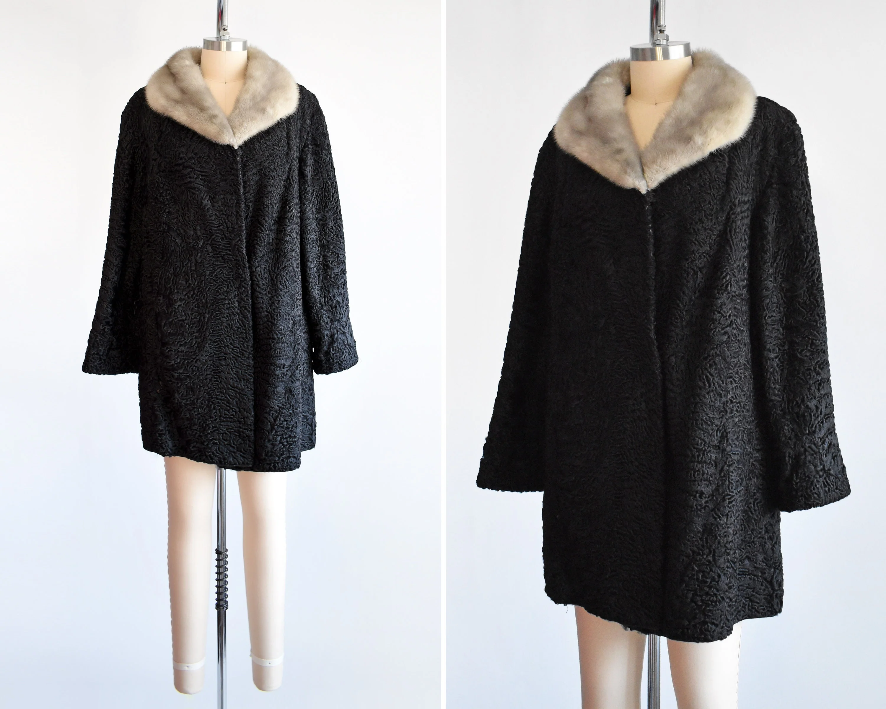 50s Black Curly Lamb Fur Coat Vintage 50s Coat, Persian Lamb with Silver Gray Mink Collar Coat, Medium Large by Lipsitz Furs Buffalo - Image 2